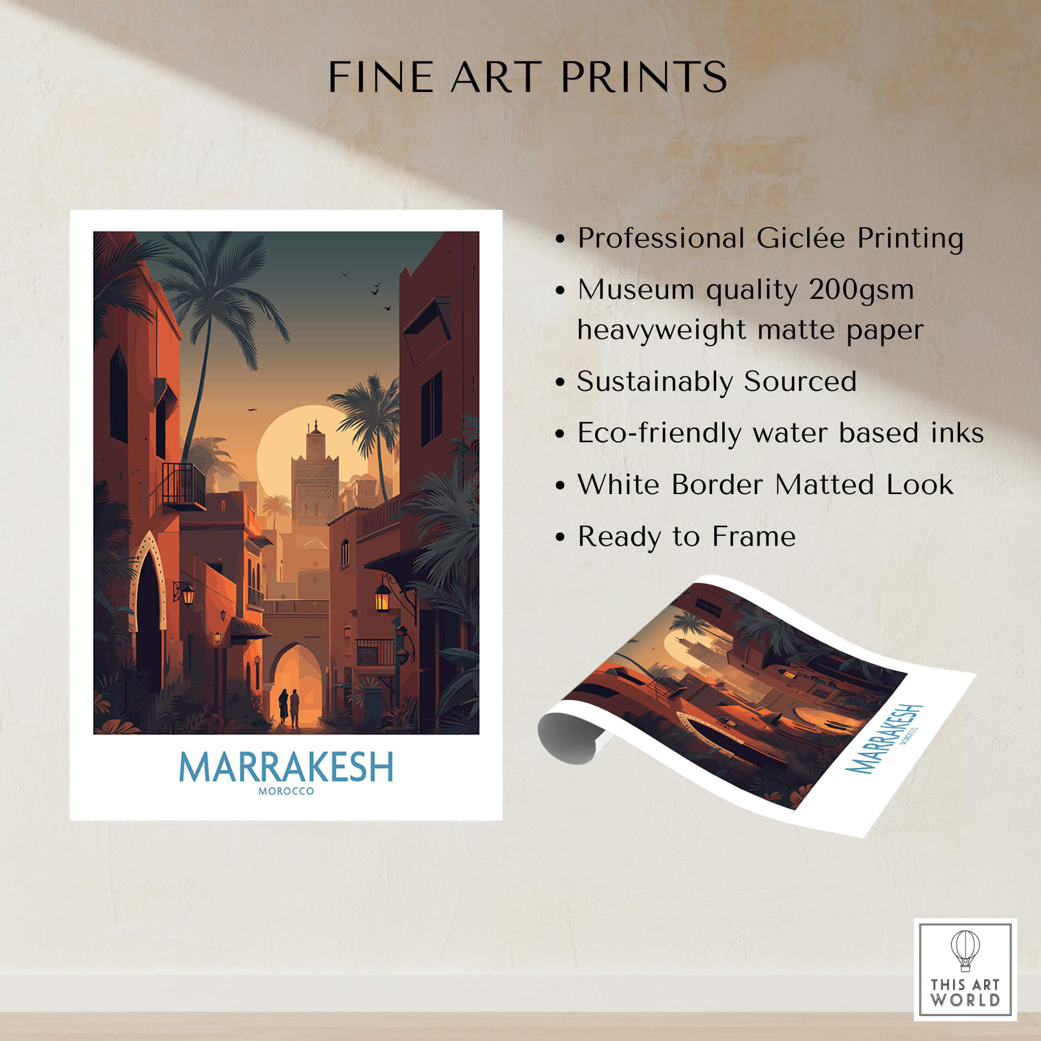 Marrakesh Morocco Poster | Romantic Moroccan Twilight Canvas Print showcasing fine art prints and professional Giclée printing.