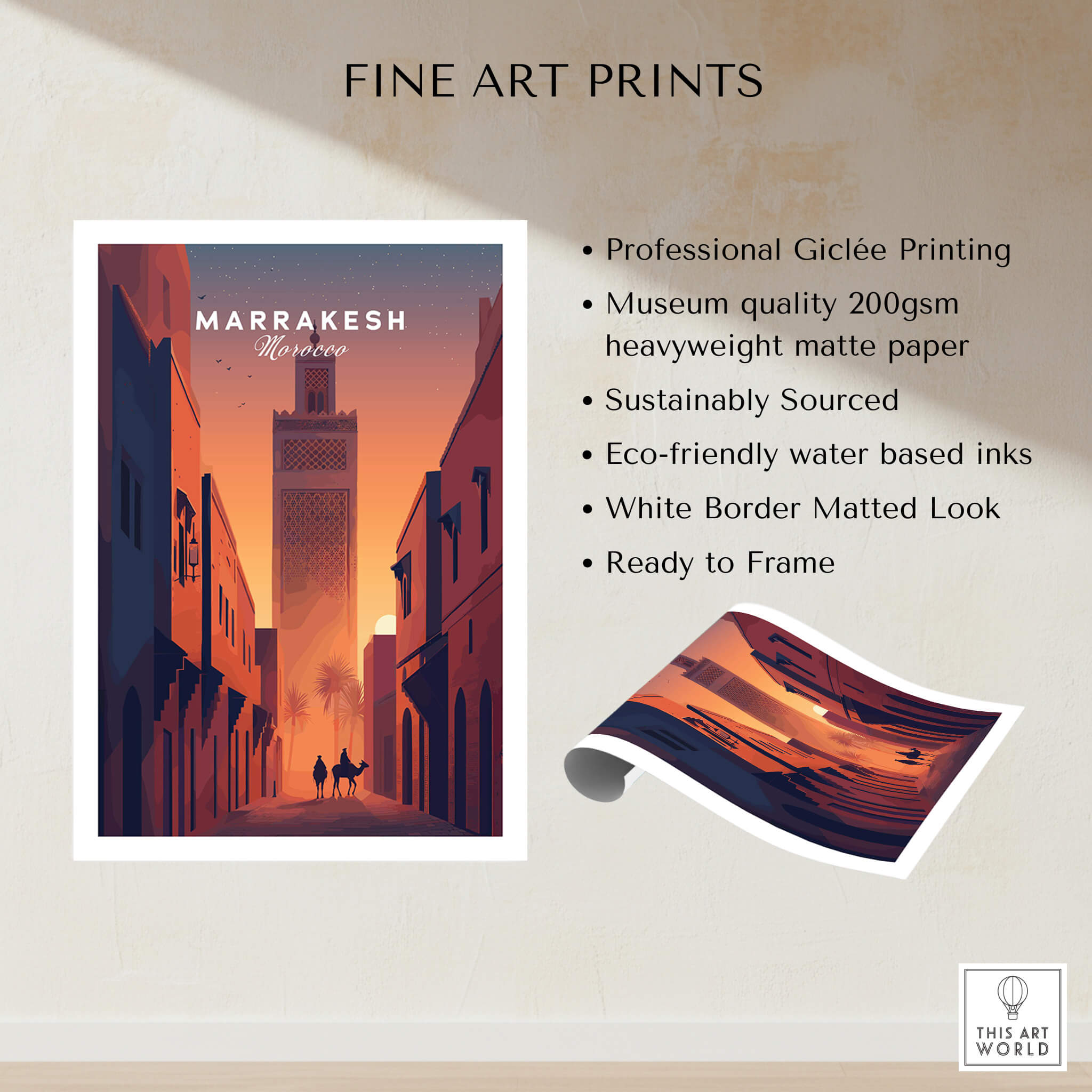 Marrakesh Morocco Travel Poster | Iconic Koutoubia Minaret Wall Art Print features Giclée printing and sustainable materials.
