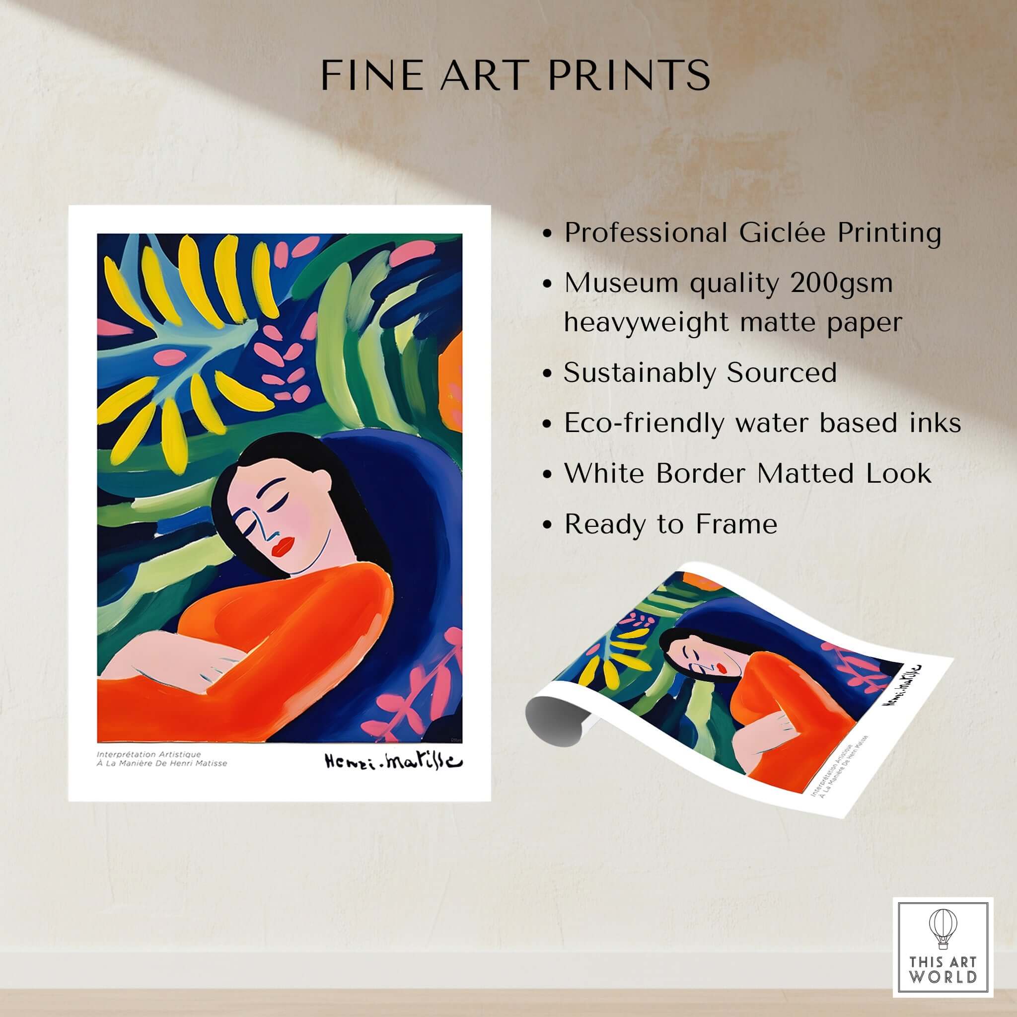 Matisse Art Prints - Abstract Woman in Foliage Poster displayed with features like professional Giclée printing and eco-friendly inks.