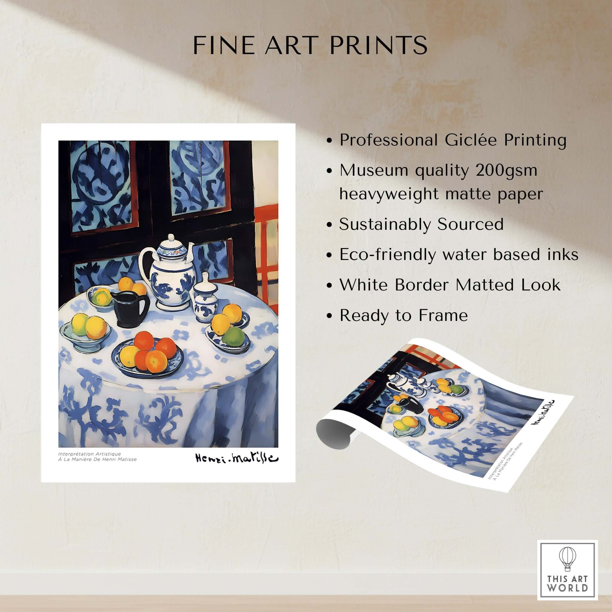 Matisse Art Prints - Still Life Blue Tablecloth Poster featuring blue tablecloth with teapot and fruits.