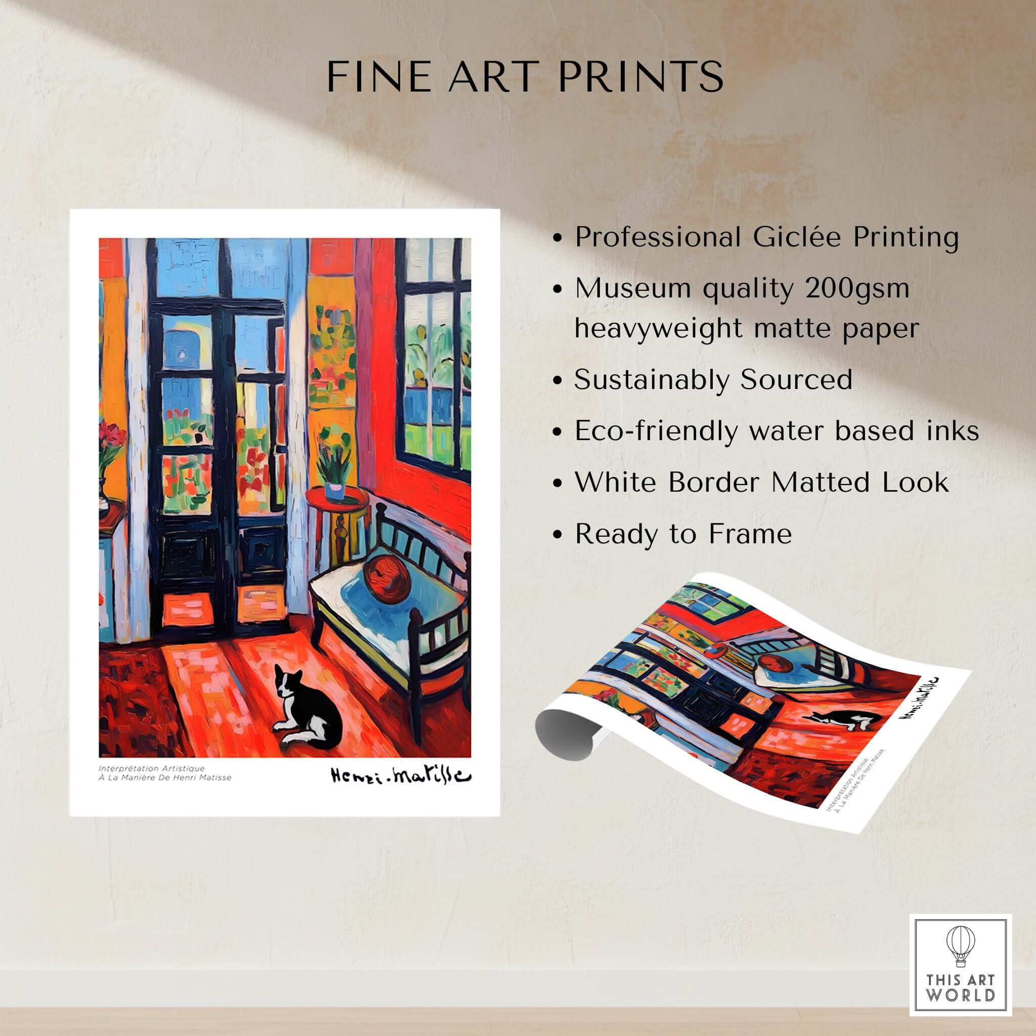 Matisse Art Prints - Interior with Cat and Open Door Poster showcases vibrant interior art with a black cat and open door.