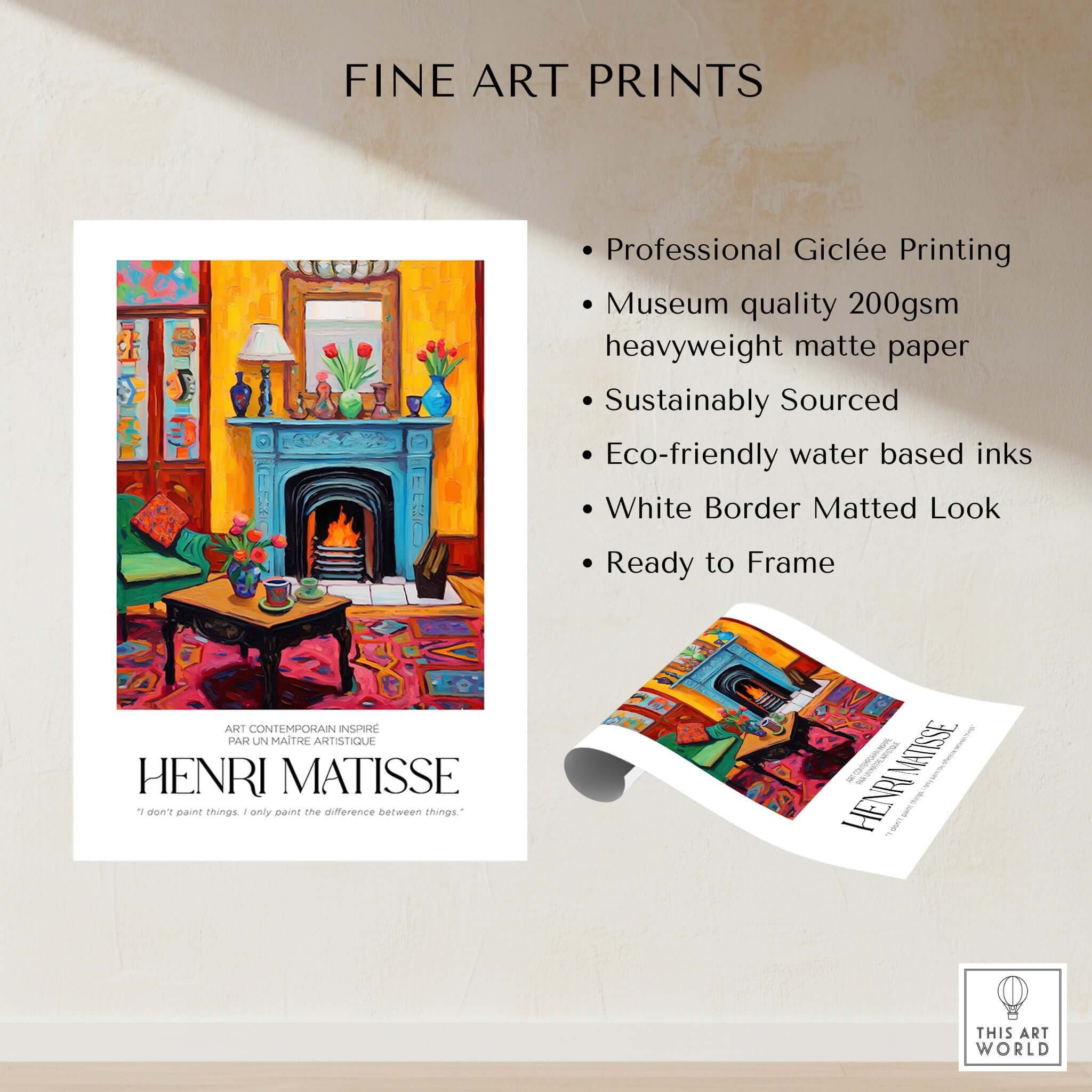 Matisse Art Prints - Cozy Fireplace Interior Poster featuring colorful room with fireplace and art elements.