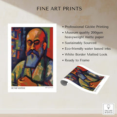 Matisse Art Prints - Fauvist Self Portrait Art Print showcasing vibrant colors and strong expression in Giclée quality.