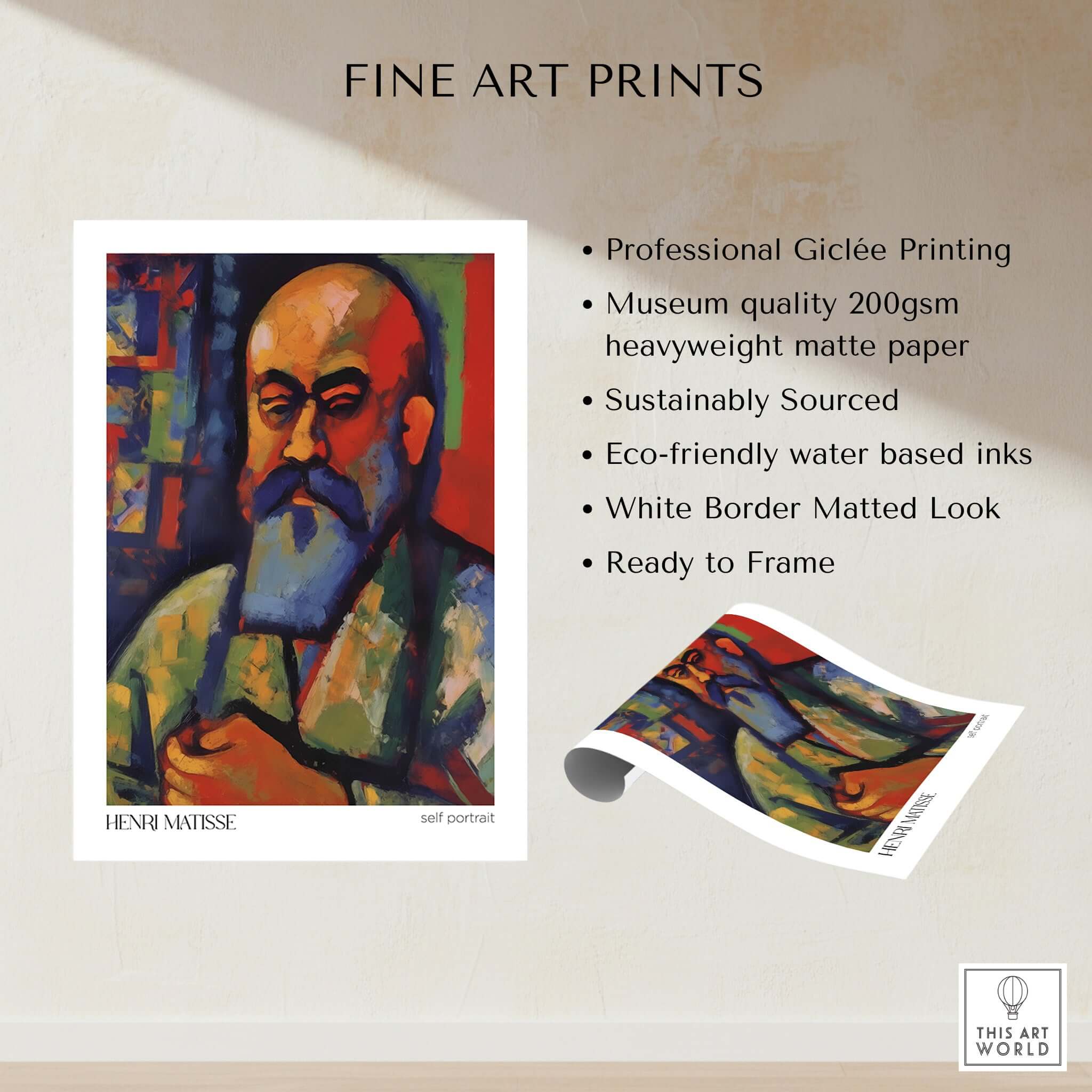 Matisse Art Prints - Fauvist Self Portrait Art Print showcasing vibrant colors and strong expression in Giclée quality.