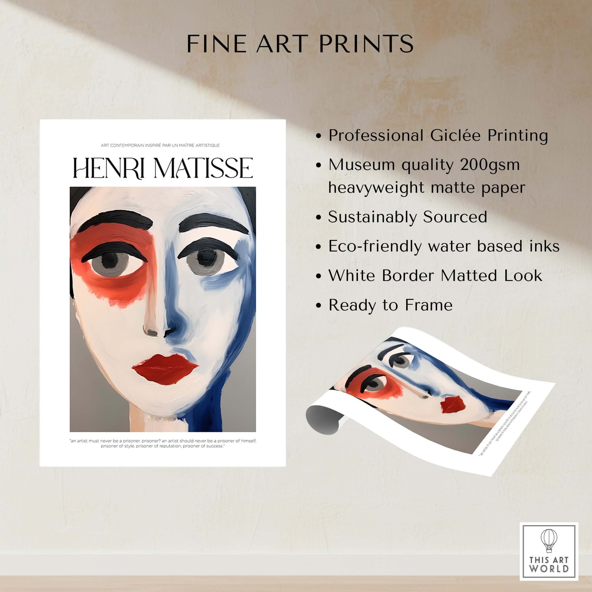 Matisse Art Prints - Abstract Face Portrait Poster featuring bold colors and dramatic facial design, ready to frame and sustainably sourced.