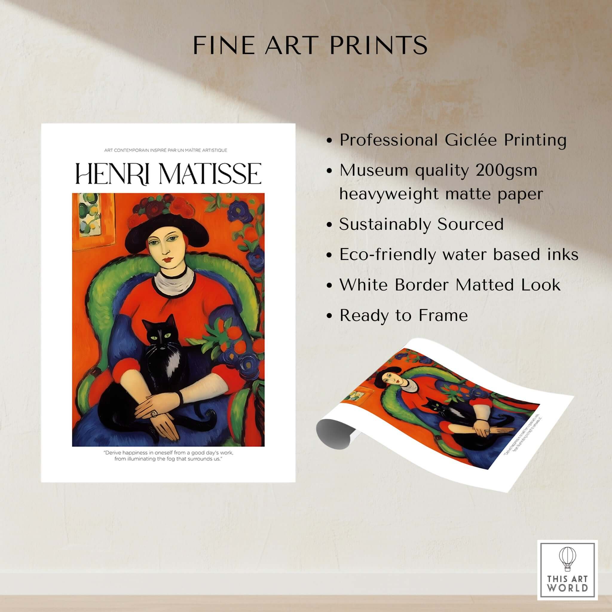 Matisse Art Prints - Woman with Black Cat Interior Poster showcasing vibrant colors and details of Henri Matisse's artwork.