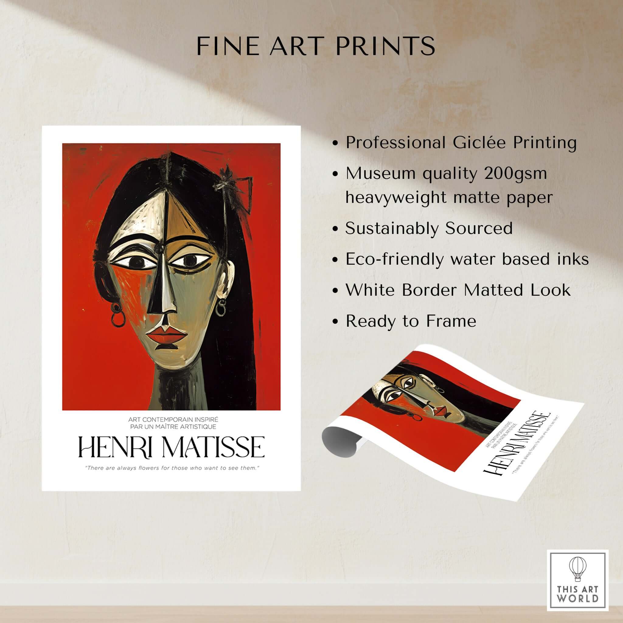 Matisse Art Prints - Stylized Woman Portrait Red Wall Art featuring bold design and vibrant colors.