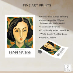 Matisse Art Prints - Woman Portrait Wall Art featuring a woman's portrait with dark hair and abstract leaves.