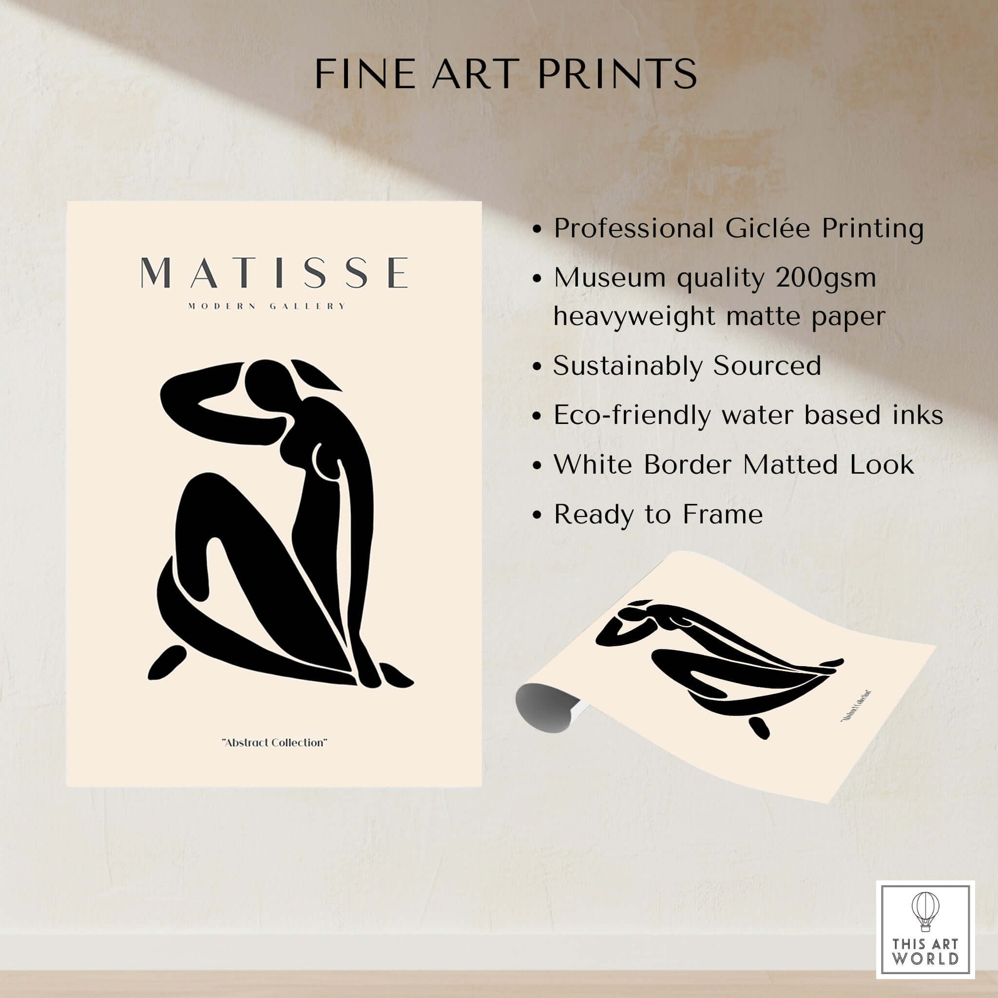 Matisse Art Prints - Figurative Lady Poster Art showcasing a seated woman in black cut-out style on beige background.