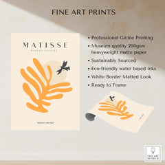 Matisse Art Prints - Orange Leaf Bird Silhouette Poster with Giclée printing and eco-friendly inks on a beige background.