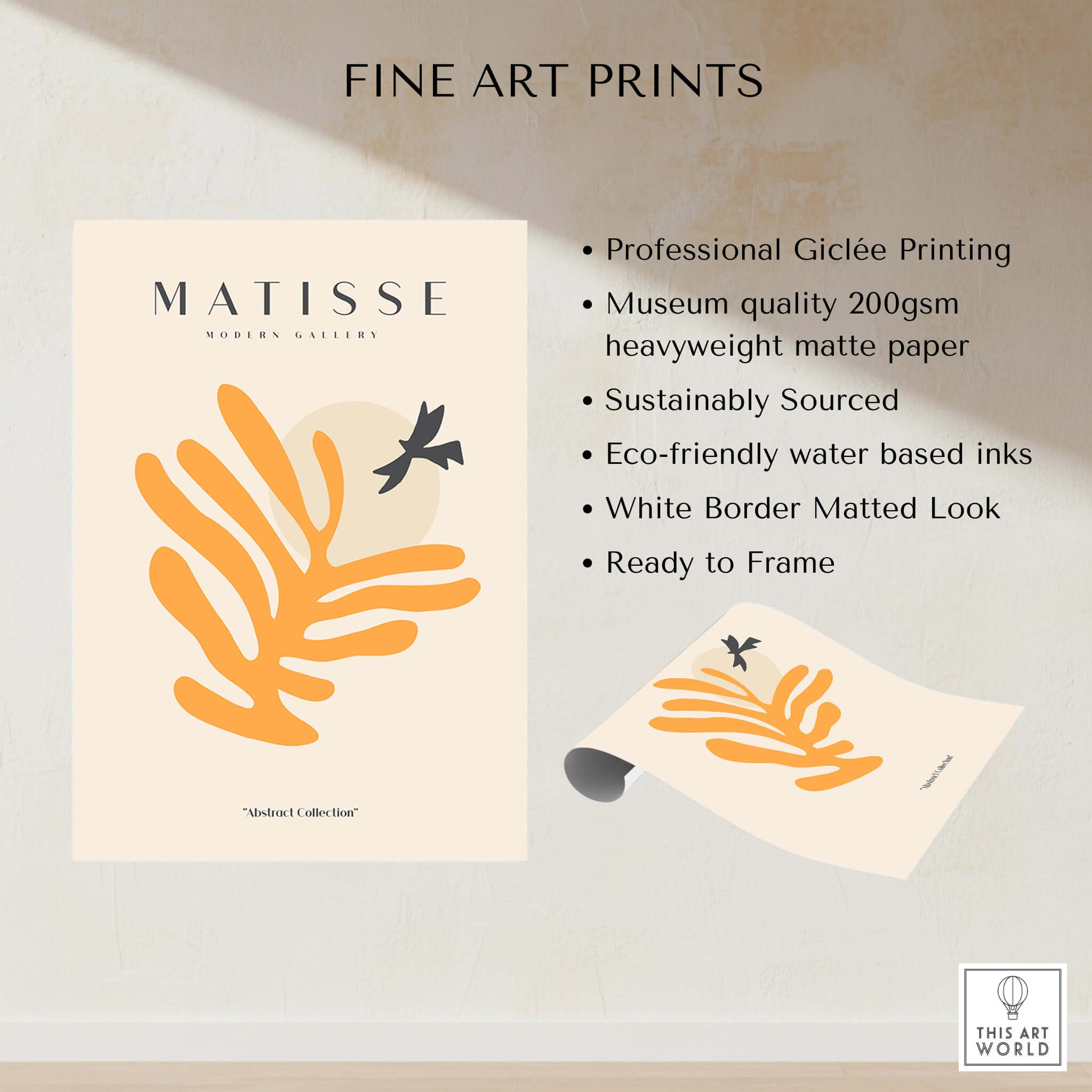 Matisse Art Prints - Orange Leaf Bird Silhouette Poster with Giclée printing and eco-friendly inks on a beige background.