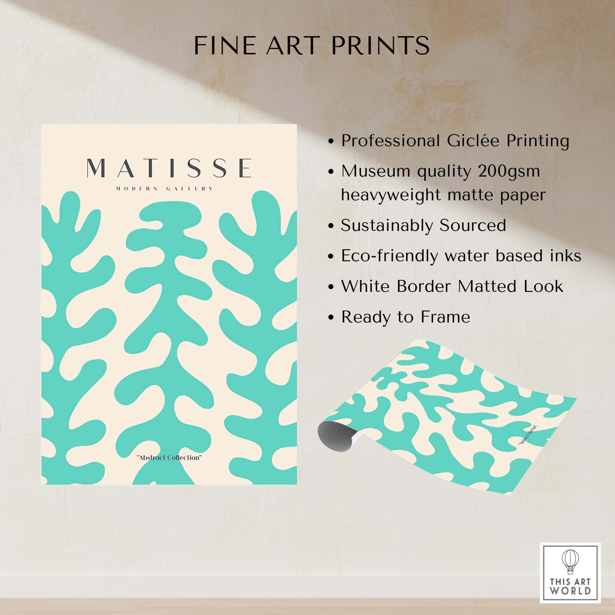Matisse Art Prints - Teal Coral Pattern Abstract Wall Art featuring teal coral shapes on beige background, giclée printing.