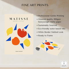Matisse Art Prints - Abstract Fruit Shapes Blue Triangles Poster, featuring vibrant colors and shapes with museum quality Giclée printing.