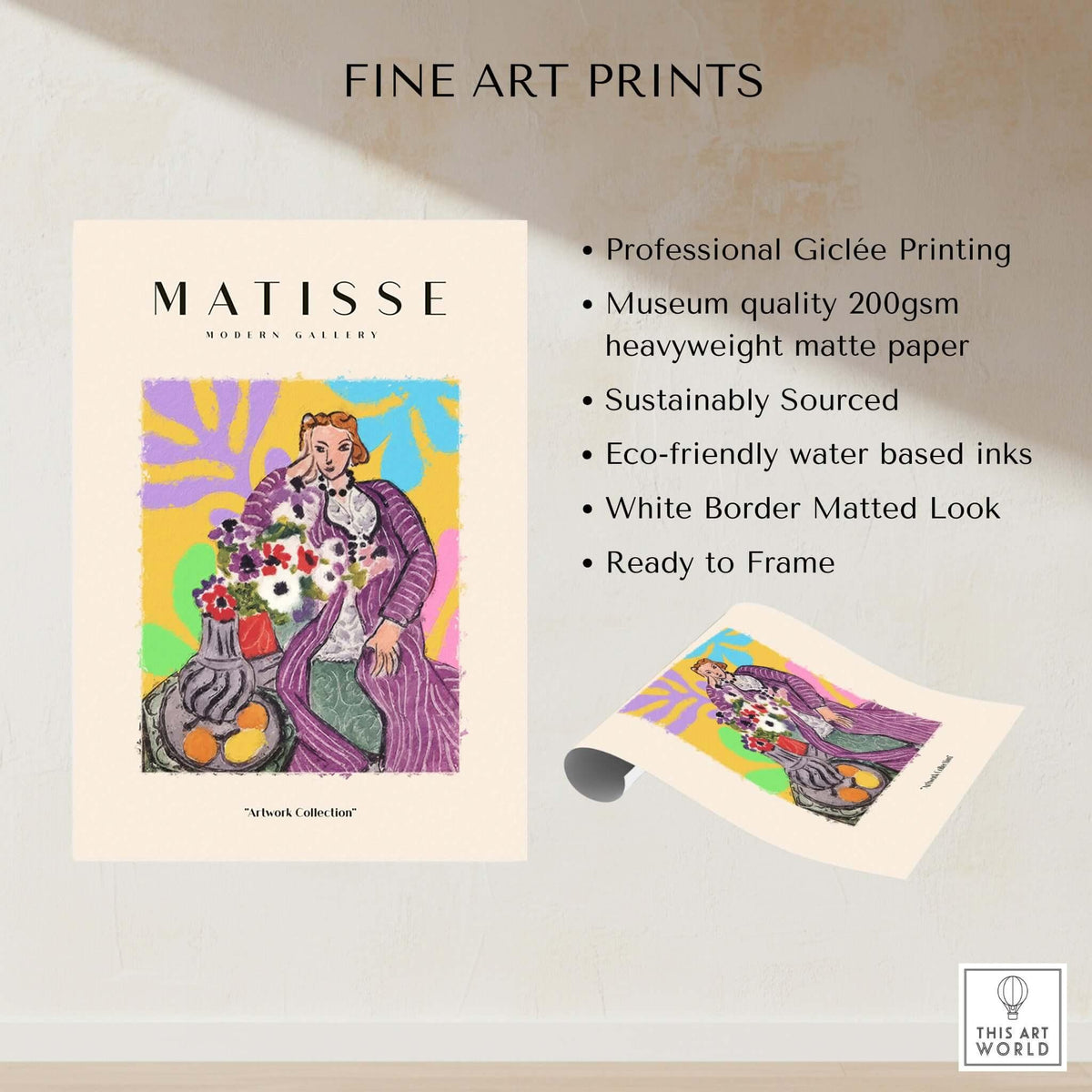 Matisse Art Prints - Stylized Woman with Flowers Fruit Still Life Interior Poster showcasing vibrant colors and professional quality.