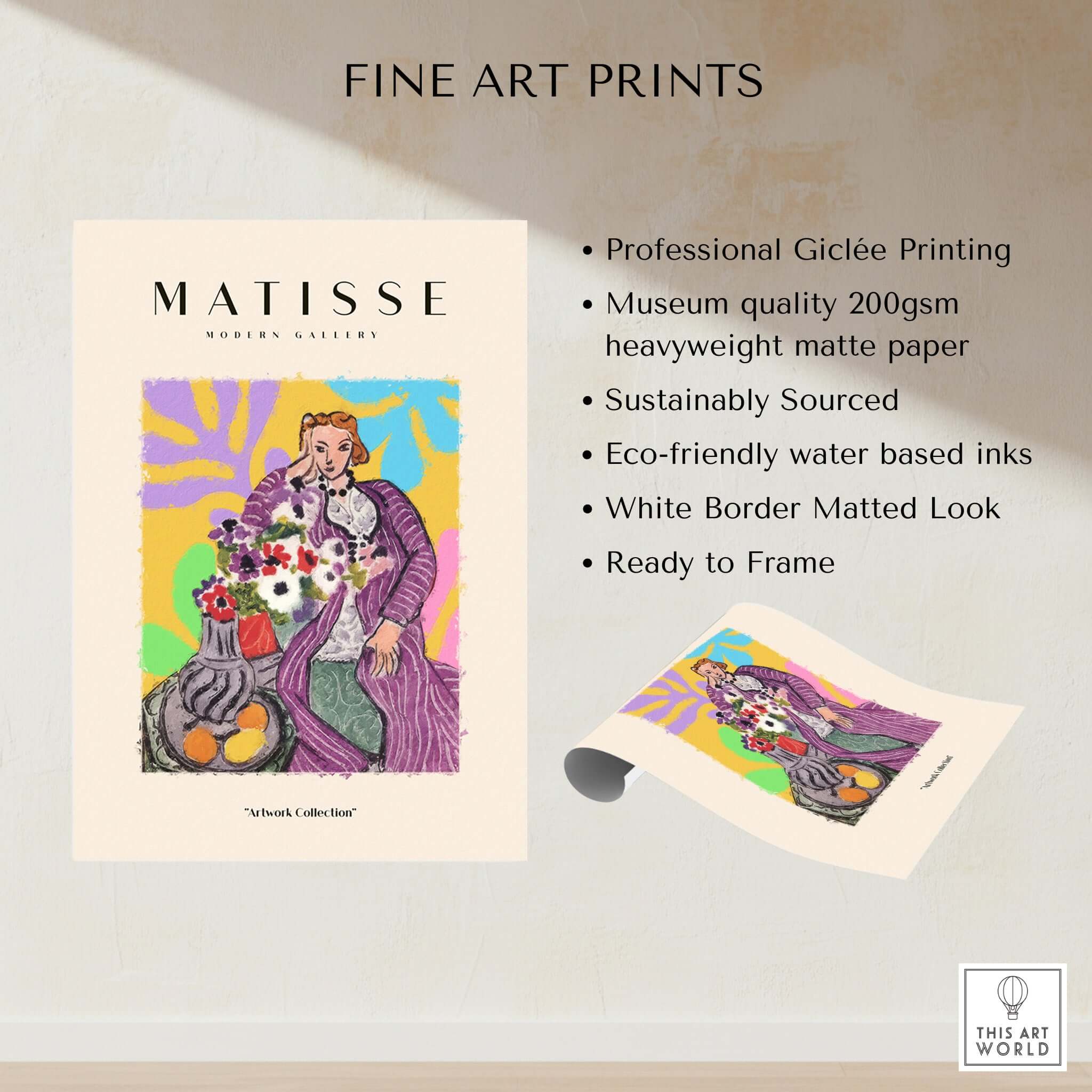 Matisse Art Prints - Stylized Woman with Flowers Fruit Still Life Interior Poster showcasing vibrant colors and professional quality.