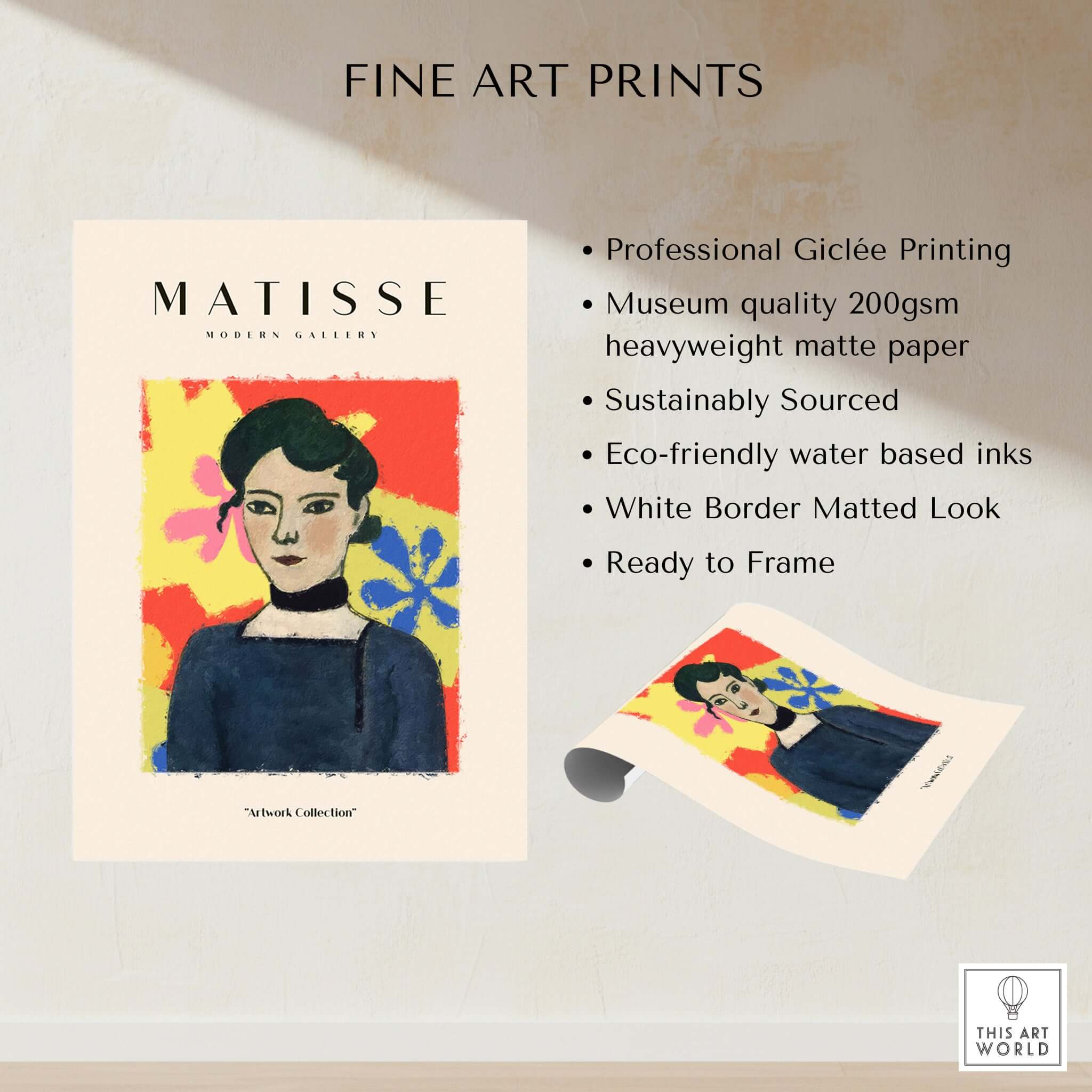 Matisse Art Prints - Woman Portrait Abstract Floral Poster showcasing professional Giclée printing and eco-friendly features.