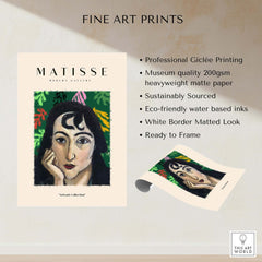 Matisse Art Prints - Pensive Woman Poster displayed against a textured background with key highlights listed.