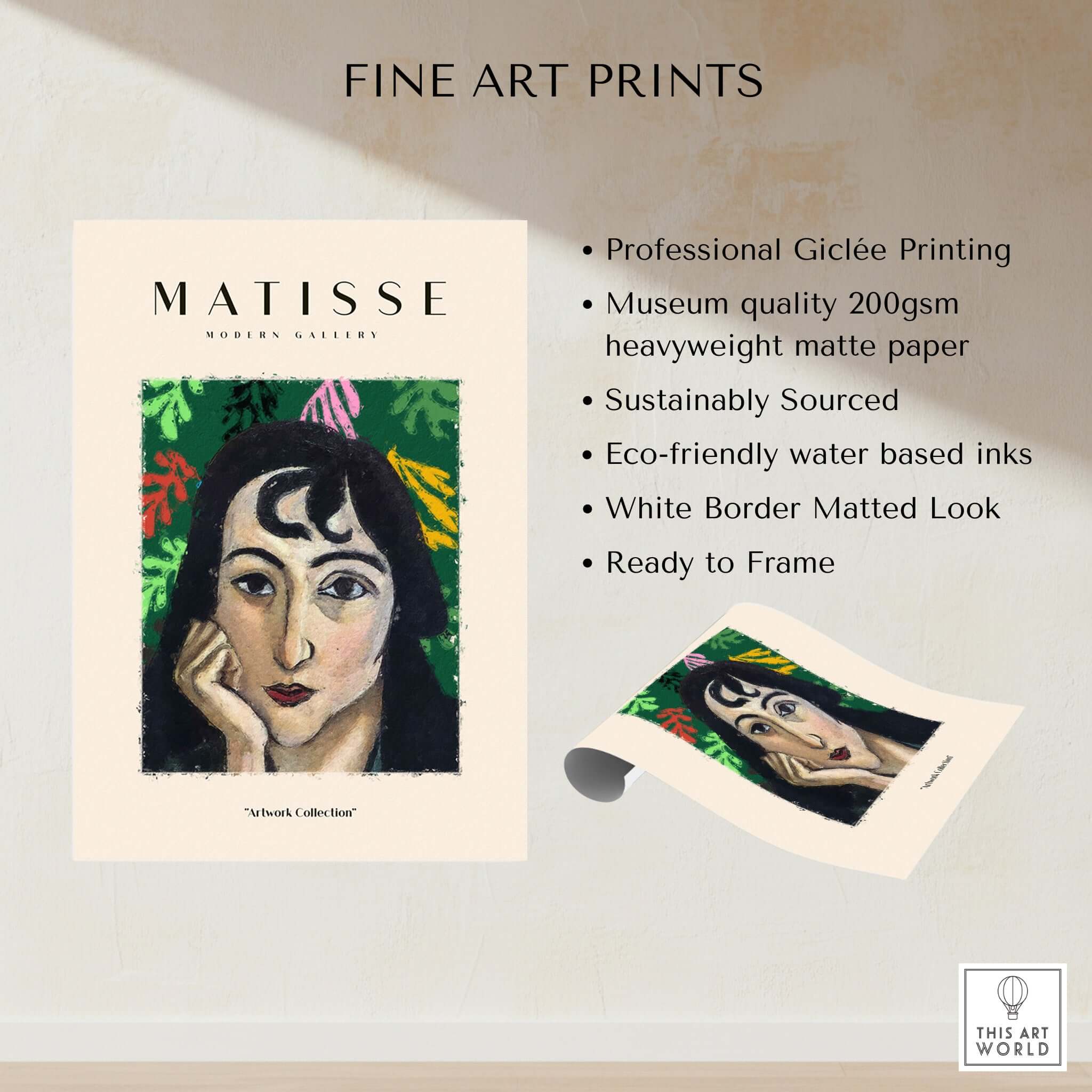 Matisse Art Prints - Pensive Woman Poster displayed against a textured background with key highlights listed.