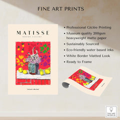 Matisse Art Prints -  Still Life Flowers Lemons Red Pattern Poster showcasing colorful vase and lemons on a vibrant background.