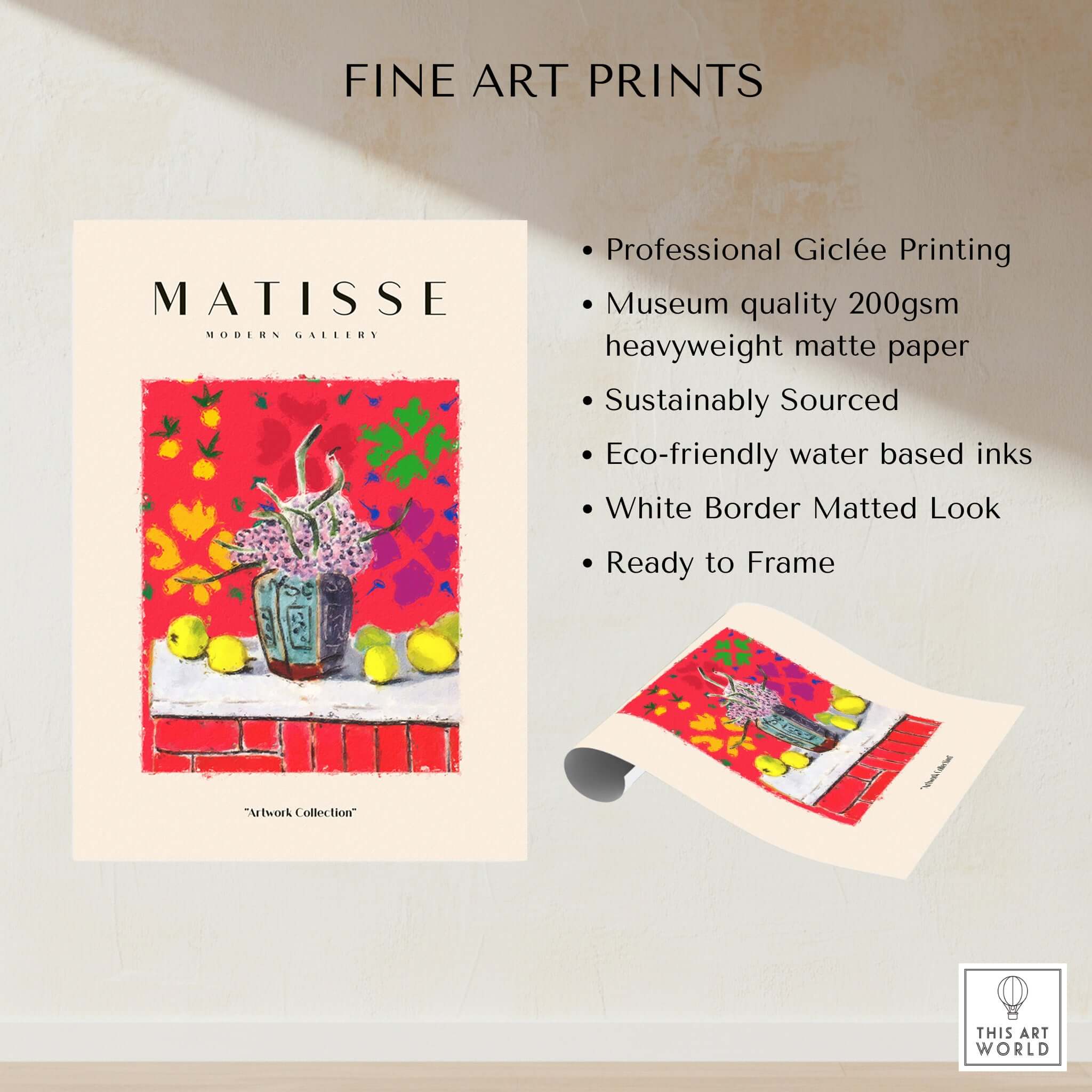 Matisse Art Prints -  Still Life Flowers Lemons Red Pattern Poster showcasing colorful vase and lemons on a vibrant background.