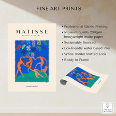 Matisse Art Prints - The Dance Figures Abstract Sky Poster showcasing vibrant figures in a circle with a blue sky and abstract shapes.