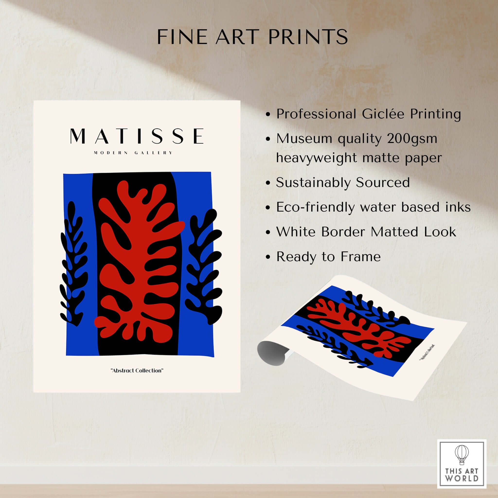 Matisse Art Prints - Red Coral Black Leaves Blue Frame Poster production details on display for fine art prints.