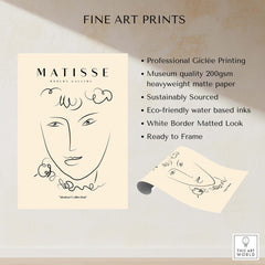 Matisse Art Prints -  Line Art Face Curly Hair Minimalist Poster featuring a black line drawing of a face on beige background.