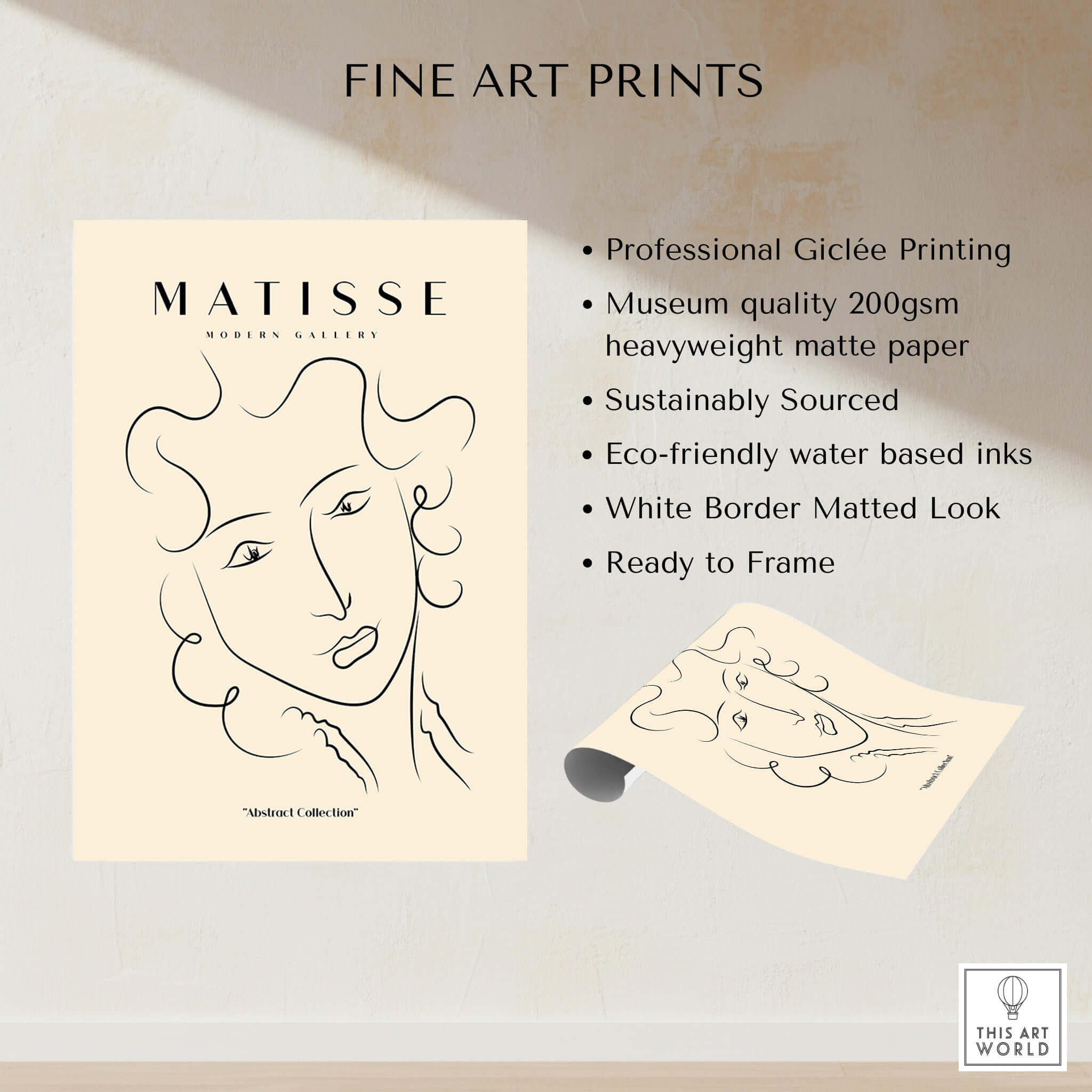 Matisse Art Prints -  Line Art Ladies Face with Wavy Hair Minimalist Poster showcasing professional giclée printing on matte paper.