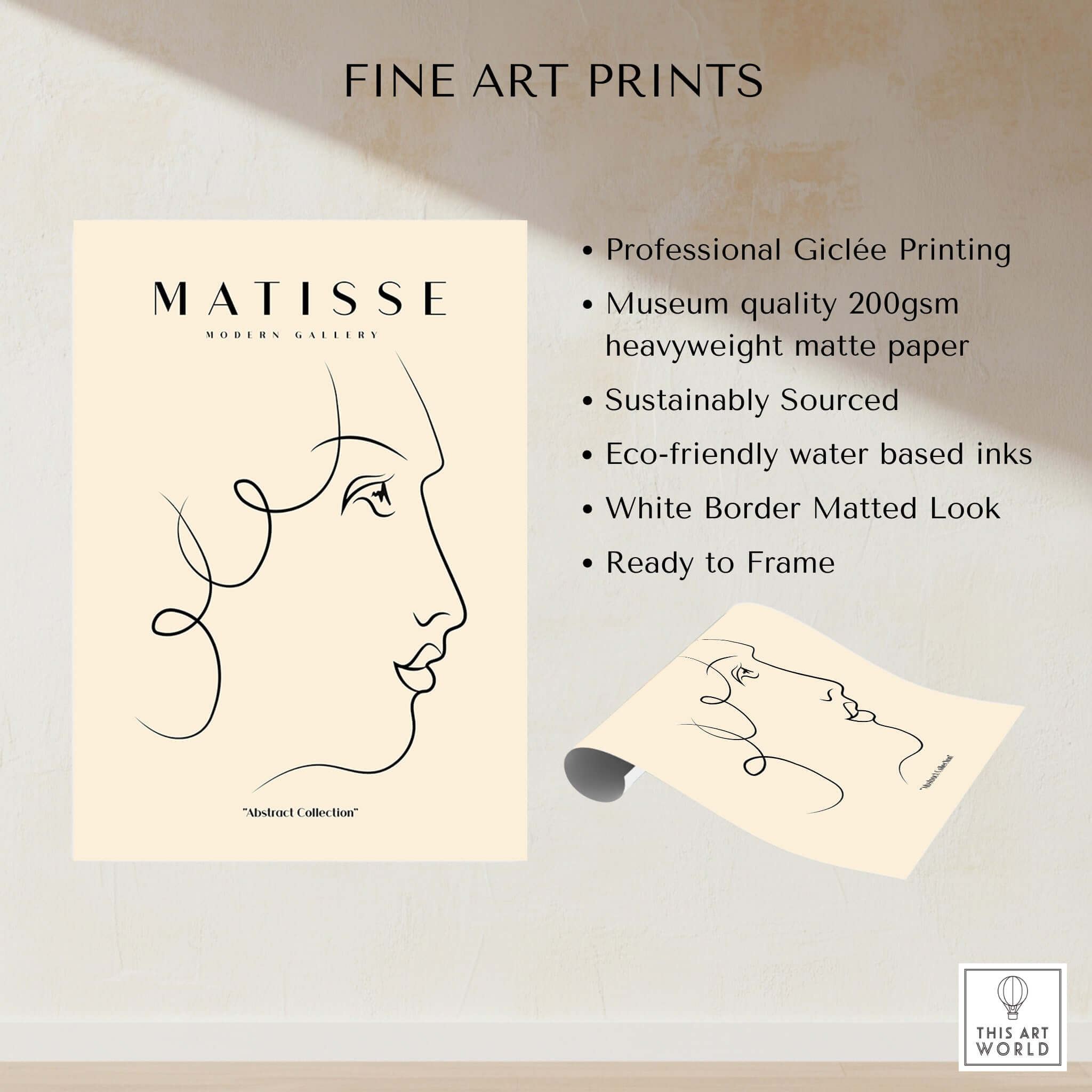 Matisse Art Prints -  Line Art of a Lady's Face Poster showcasing minimalist profile art and eco-friendly features.