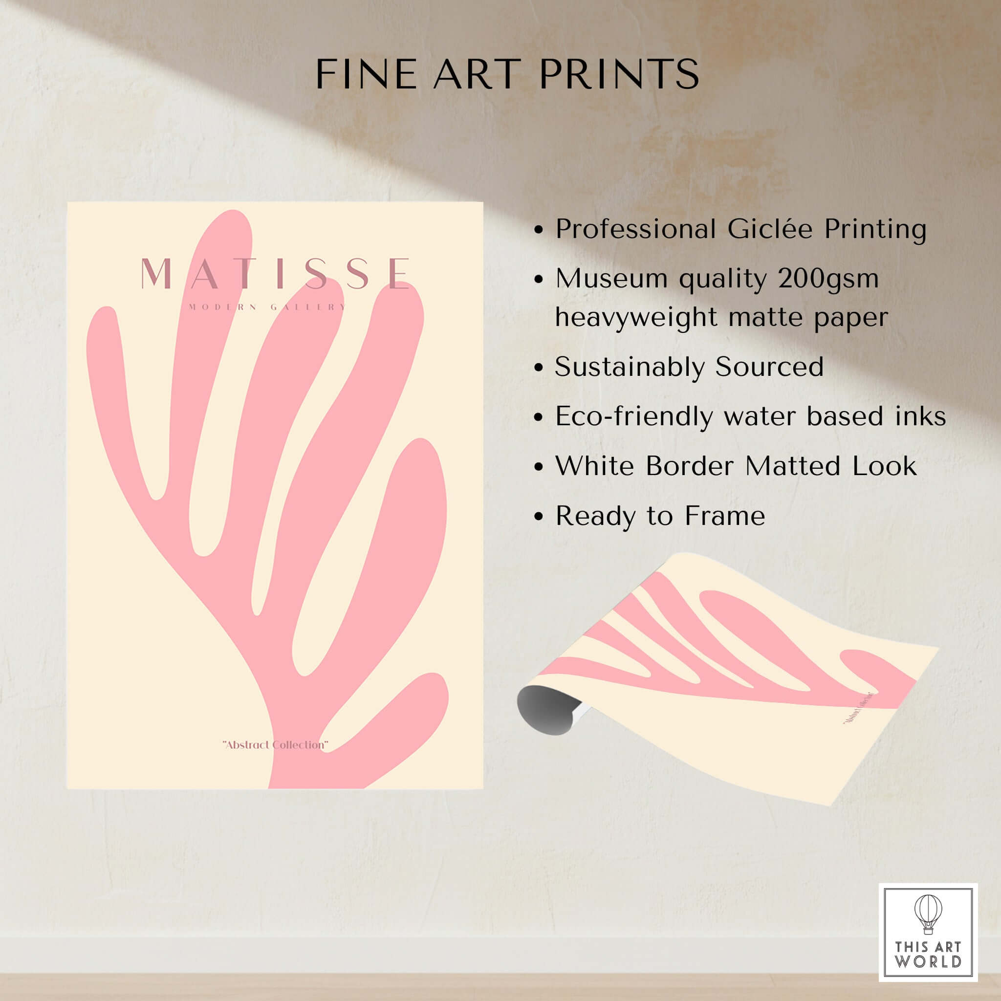 Matisse Art Prints -    Pink Coral Leaf Abstract Botanical Poster features Giclée printing on heavyweight matte paper