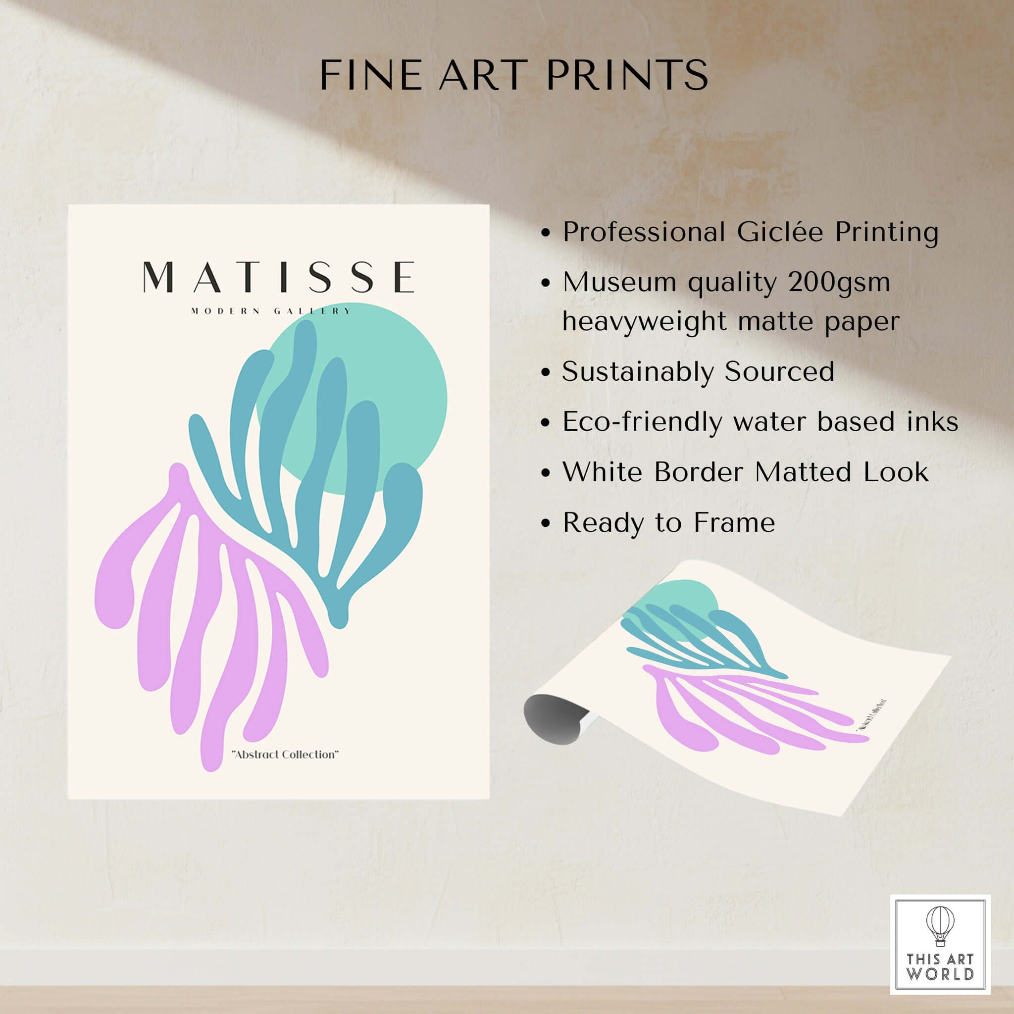 Matisse Art Prints -Teal Pink Abstract Leaves Sun Poster featuring professional Giclée printing on matte paper.