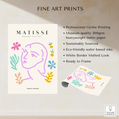 Matisse Art Prints -Line Art Face Abstract Botanical Collage Poster featuring colorful shapes and minimalist design.