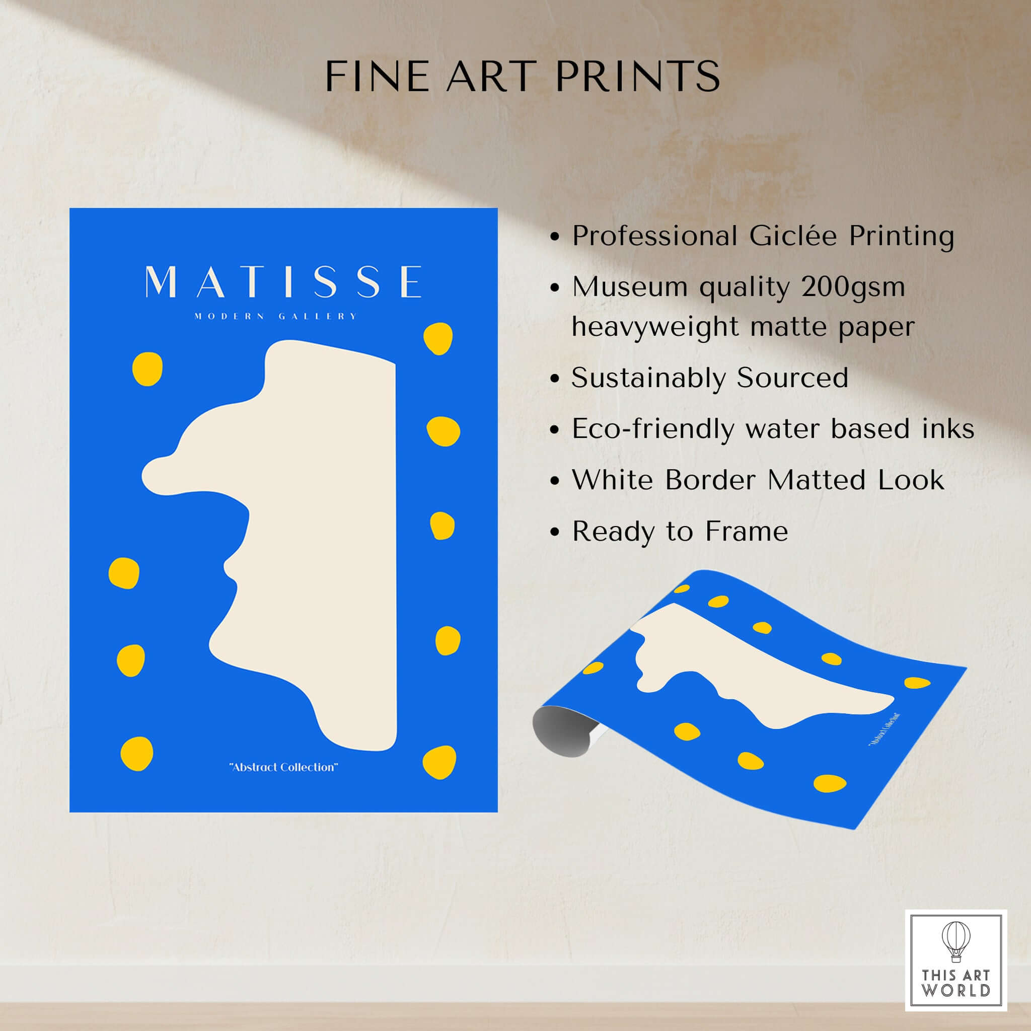 Matisse Art Prints -  Blue Abstract Profile with Yellow Dots Poster showcasing professional Giclée printing and museum quality paper.