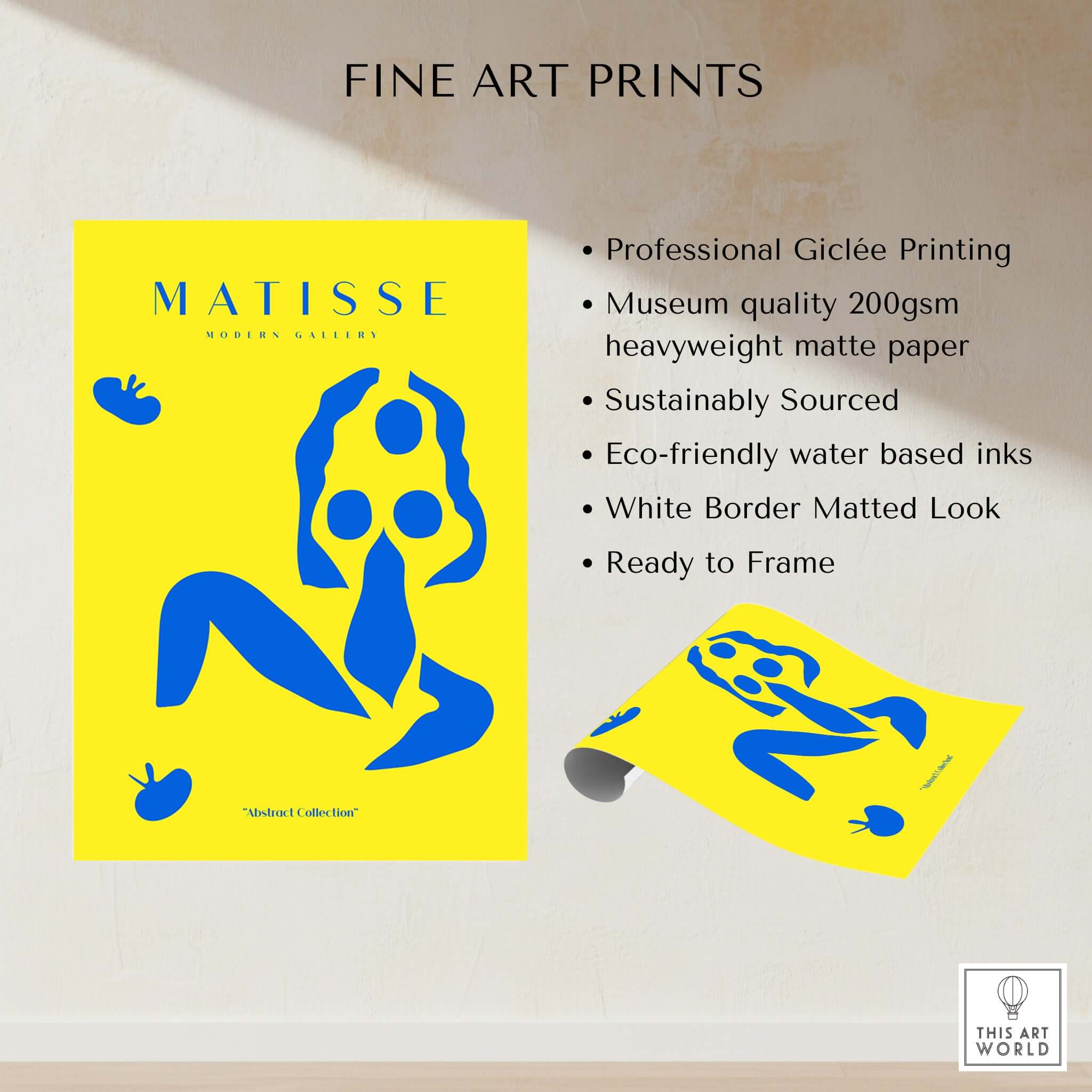 Matisse Art Prints - Blue Nude Abstract Figure Yellow Poster featuring a blue abstract figure on a vibrant yellow background.