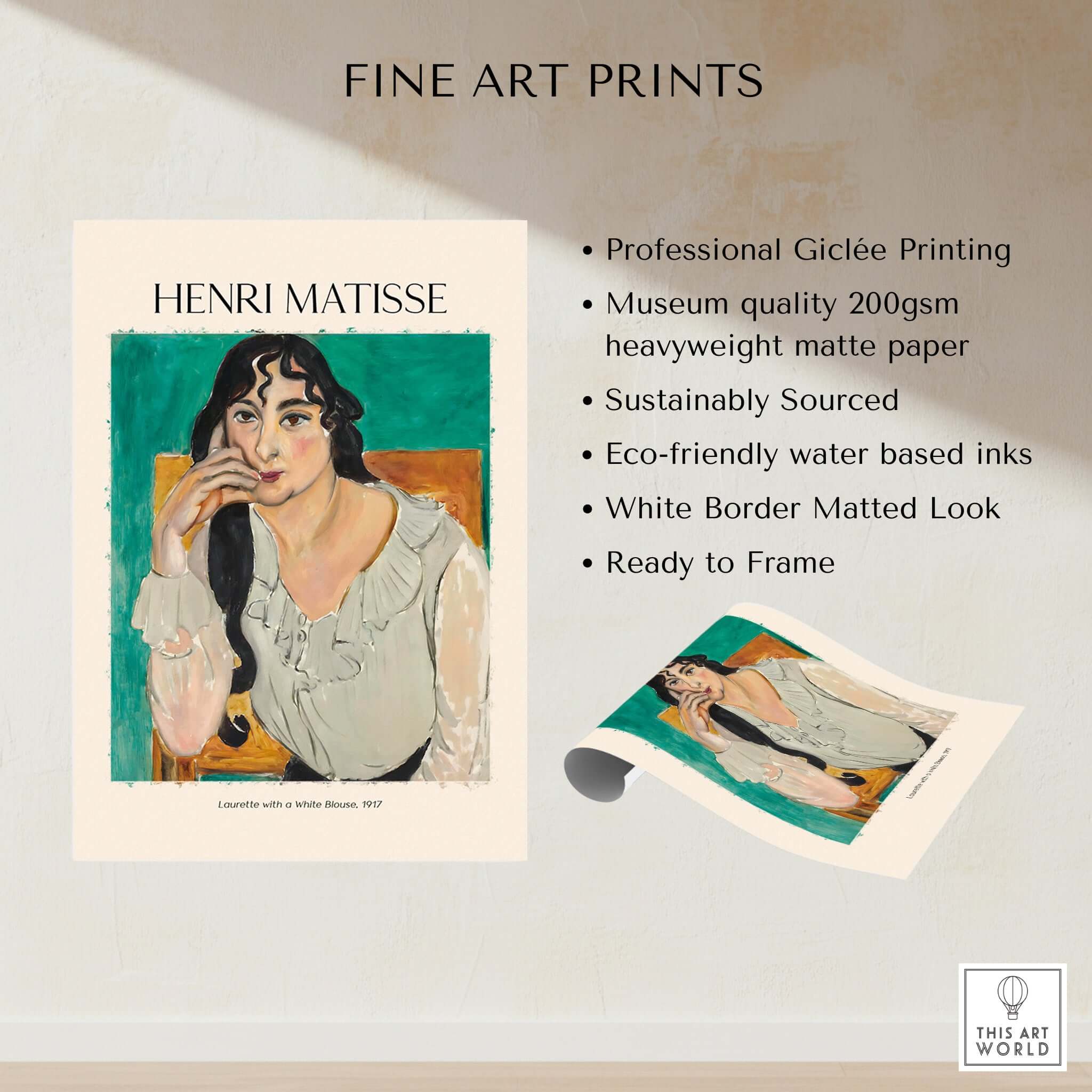 Matisse Poster - Laurette with a White Blouse 1917 Art Print showcasing professional Giclée printing and sustainable materials