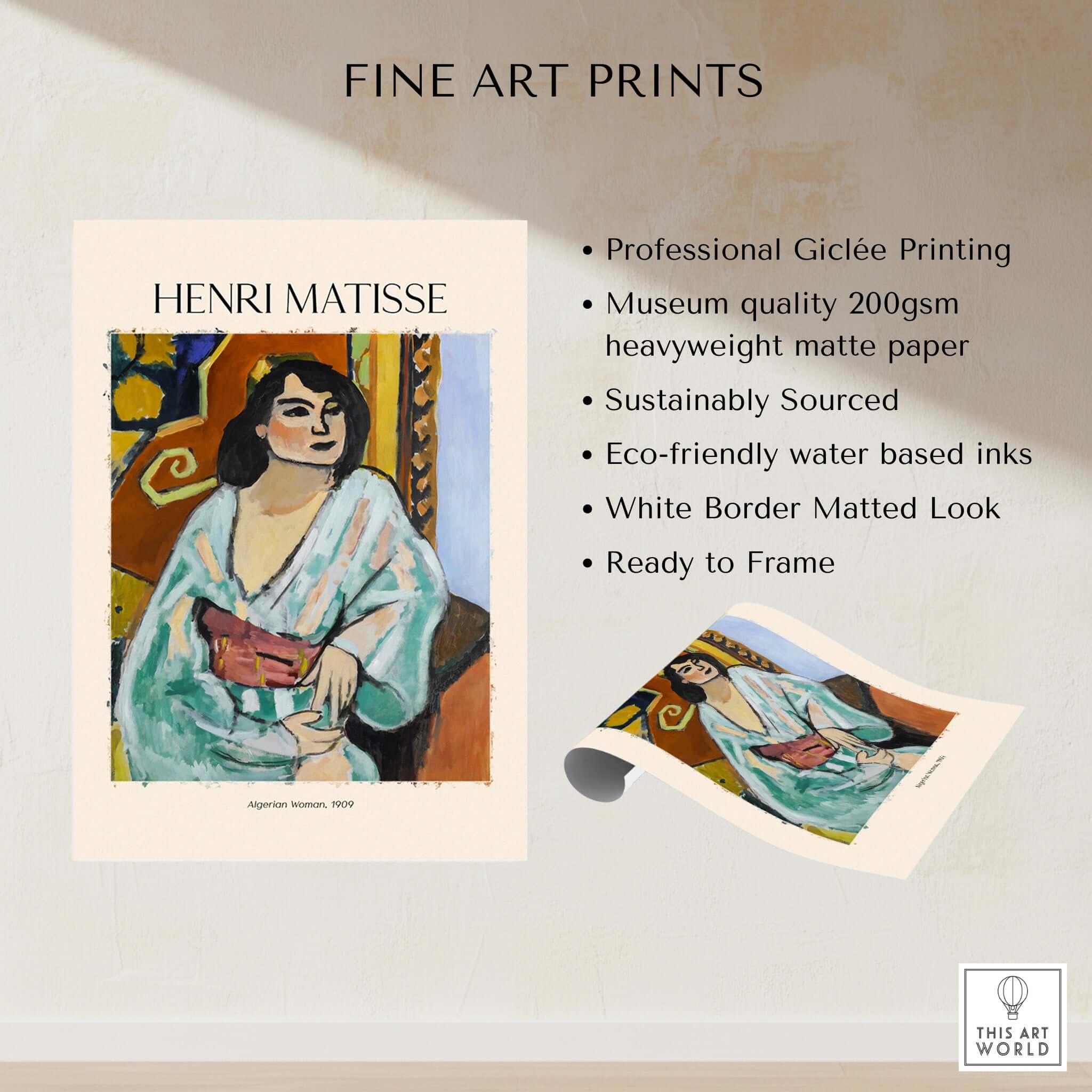 Matisse Poster - Algerian Woman 1909 Fauvist Wall Art Print showcasing Henri Matisse's iconic artwork and printing details.
