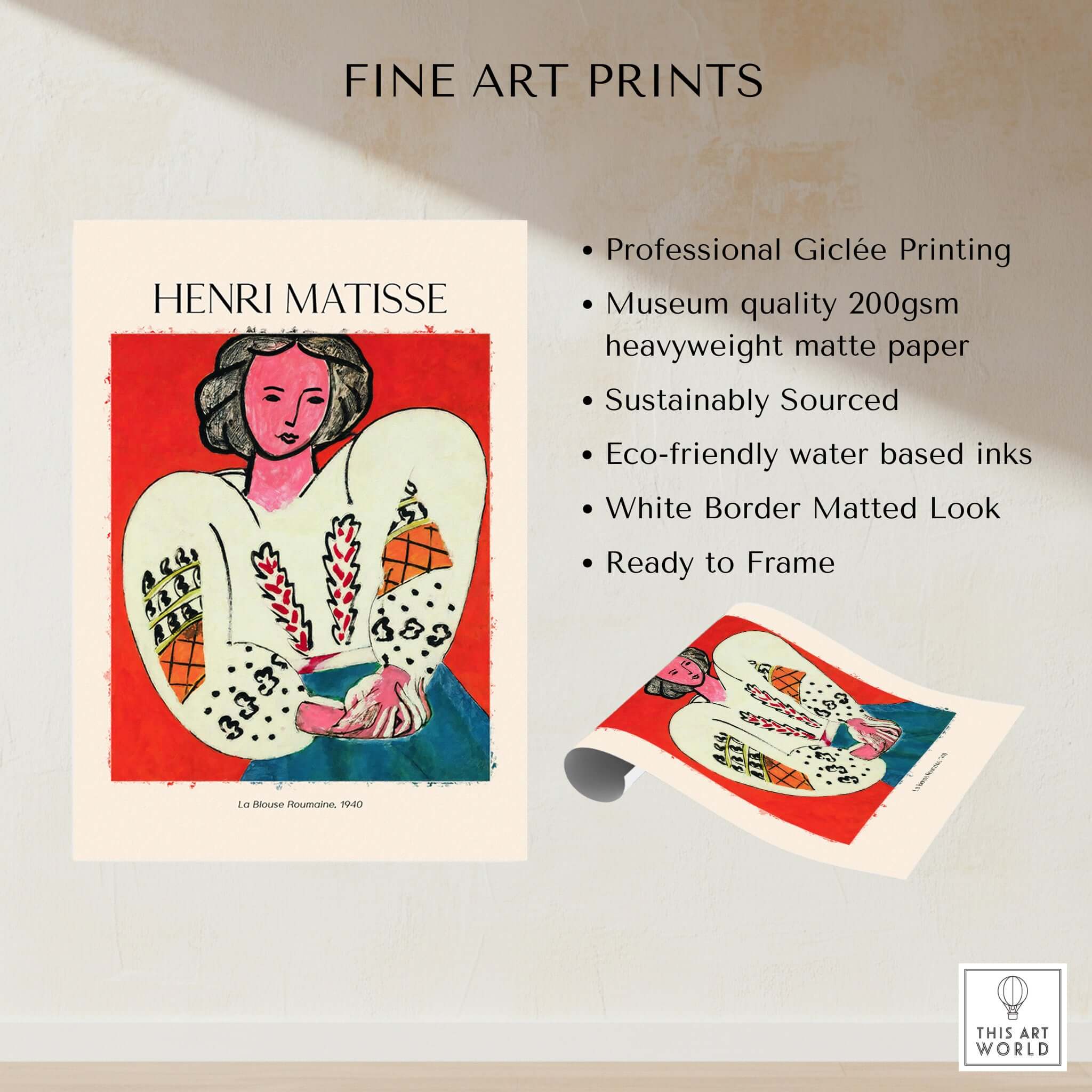 Matisse Poster - La Blouse Roumaine 1940 Famous Art Print featuring bold colors and design elements on heavyweight matte paper.