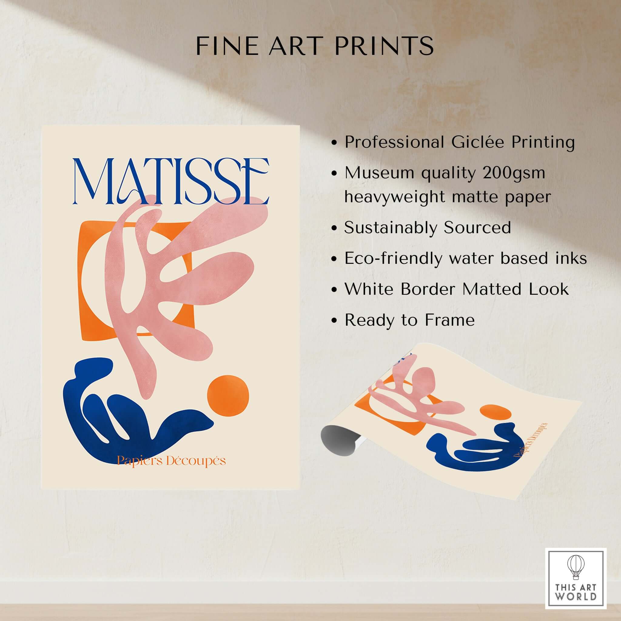 Matisse Papiers Découpés Pink Blue Abstract Art Print features professional giclée printing and eco-friendly inks.