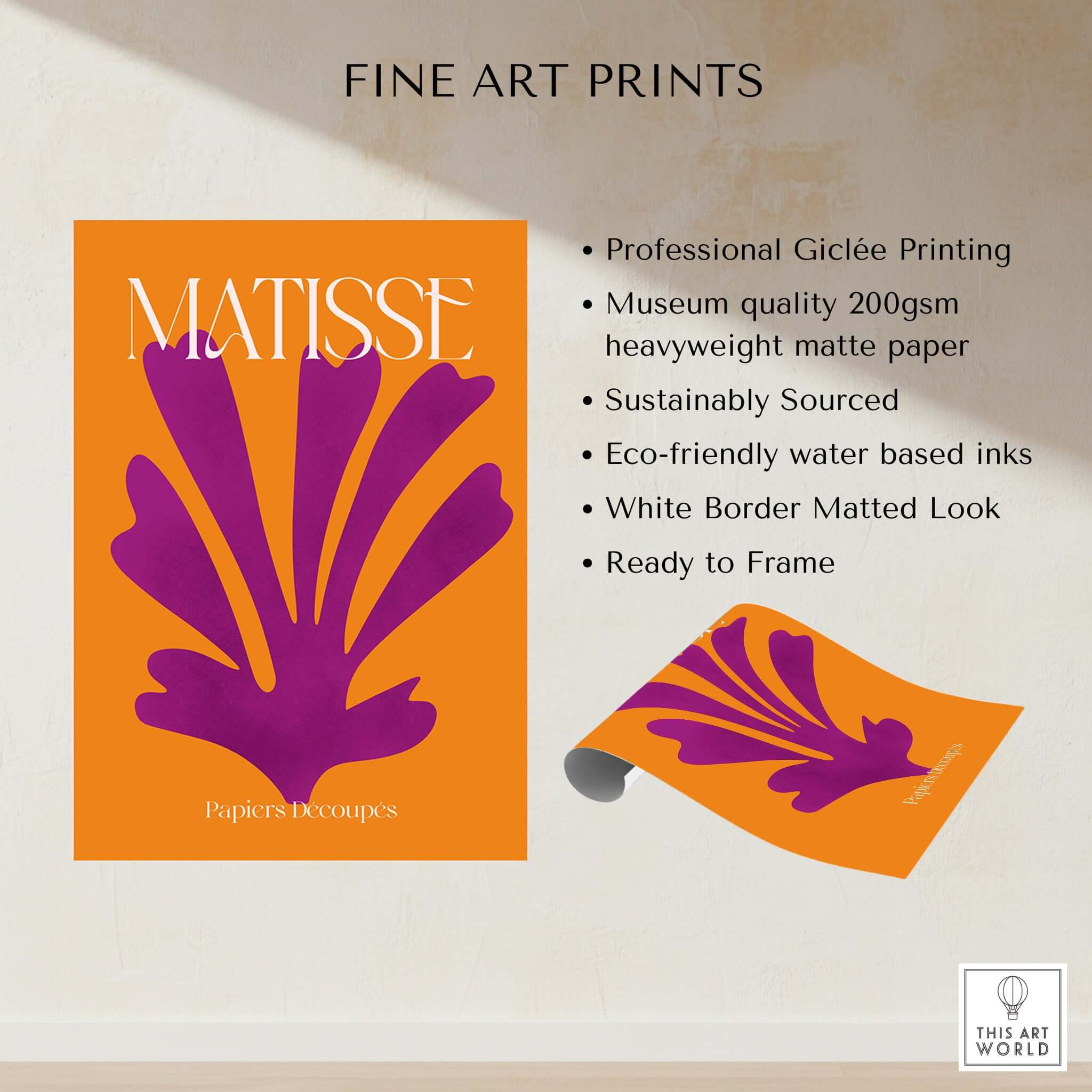 Matisse Papiers Découpés Purple Cut Out on Orange Background Abstract Art Print with giclée printing details.