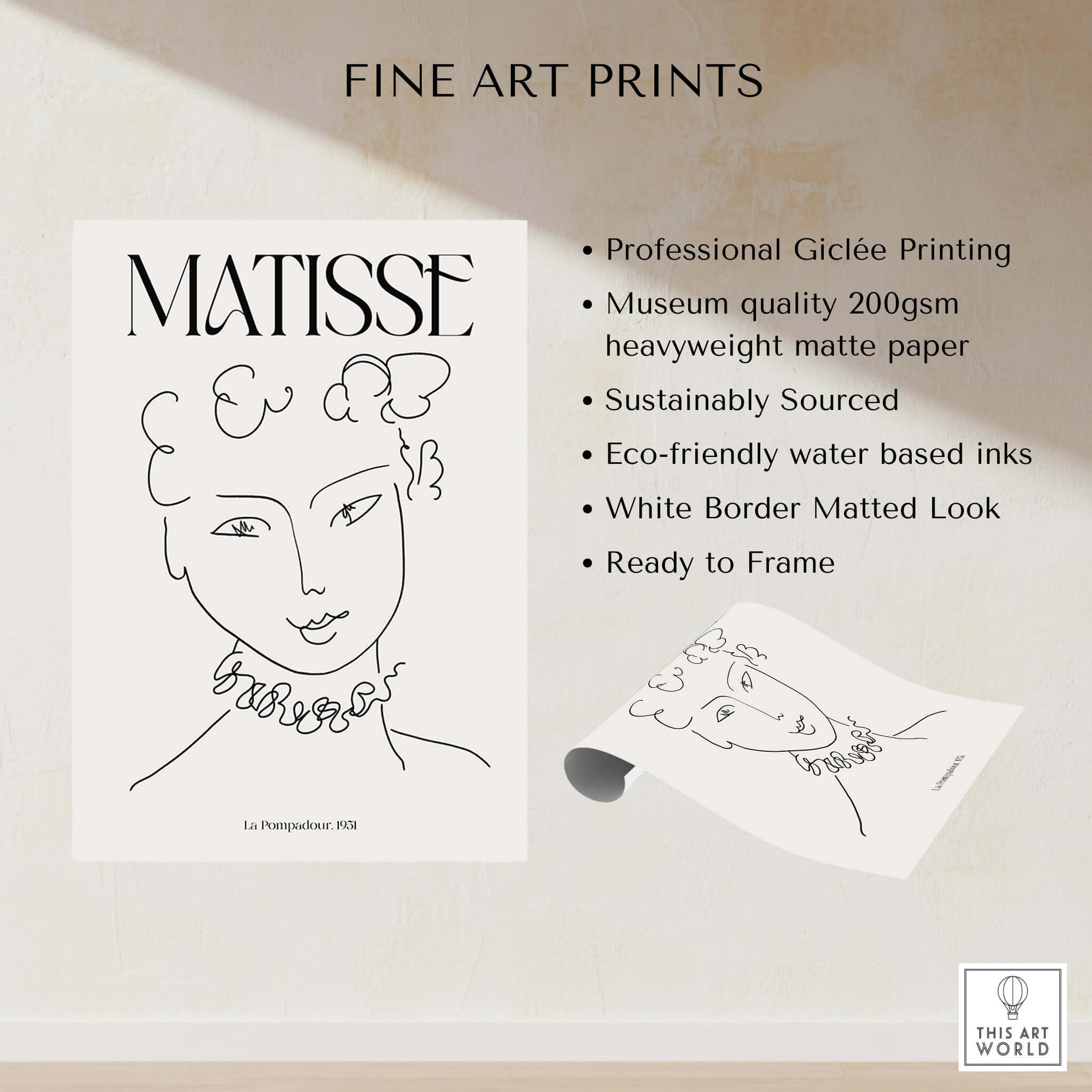 Matisse Art Print La Pompadour 1951 Minimalist Line Drawing Poster features eco-friendly inks and museum quality paper.