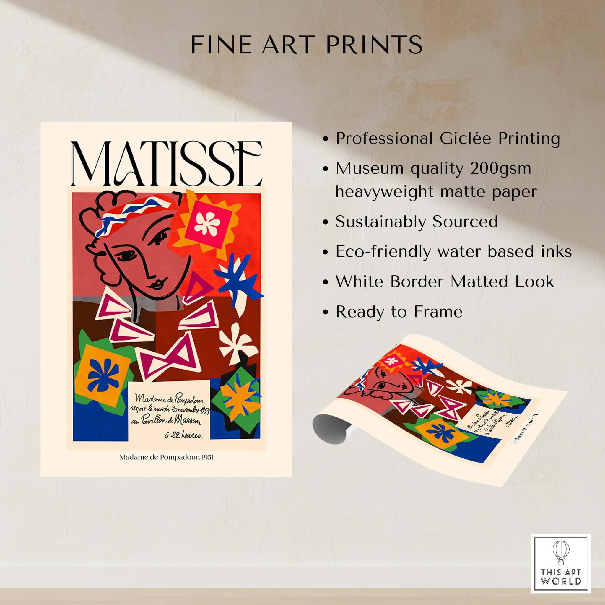 Matisse Art Print Madame de Pompadour 1951 Abstract Collage Poster featuring vibrant colors and shapes on matte paper.