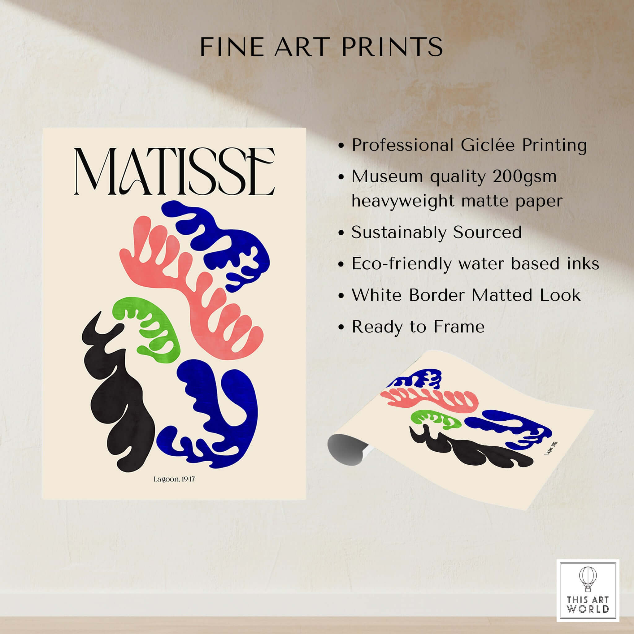 Matisse Art Print Lagoon 1947 Abstract Organic Shapes Wall Art Print showcasing vibrant cut-out shapes and professional printing details.