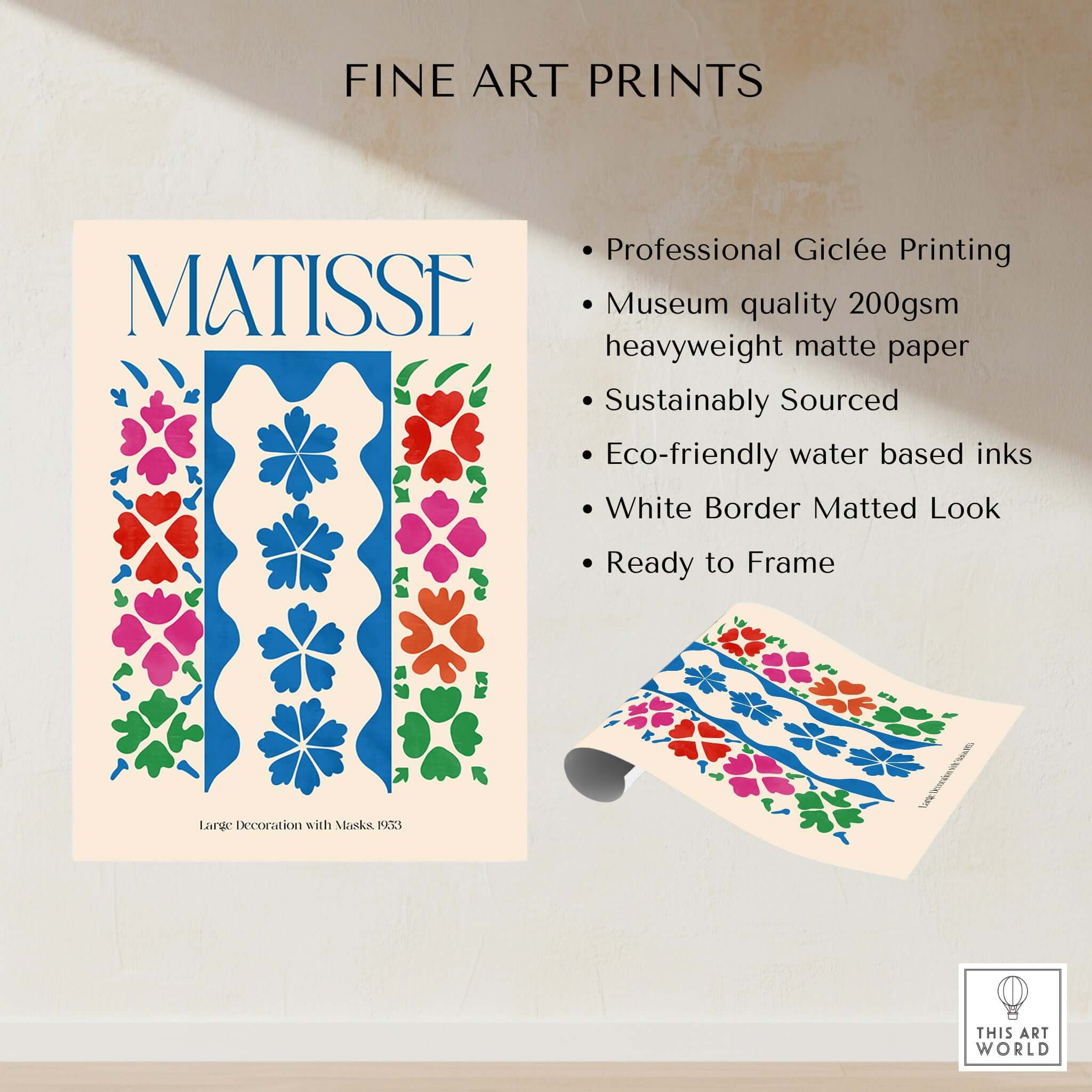 Matisse Large Decoration with Masks Vertical Panel Art Print features vibrant floral designs and eco-friendly materials.