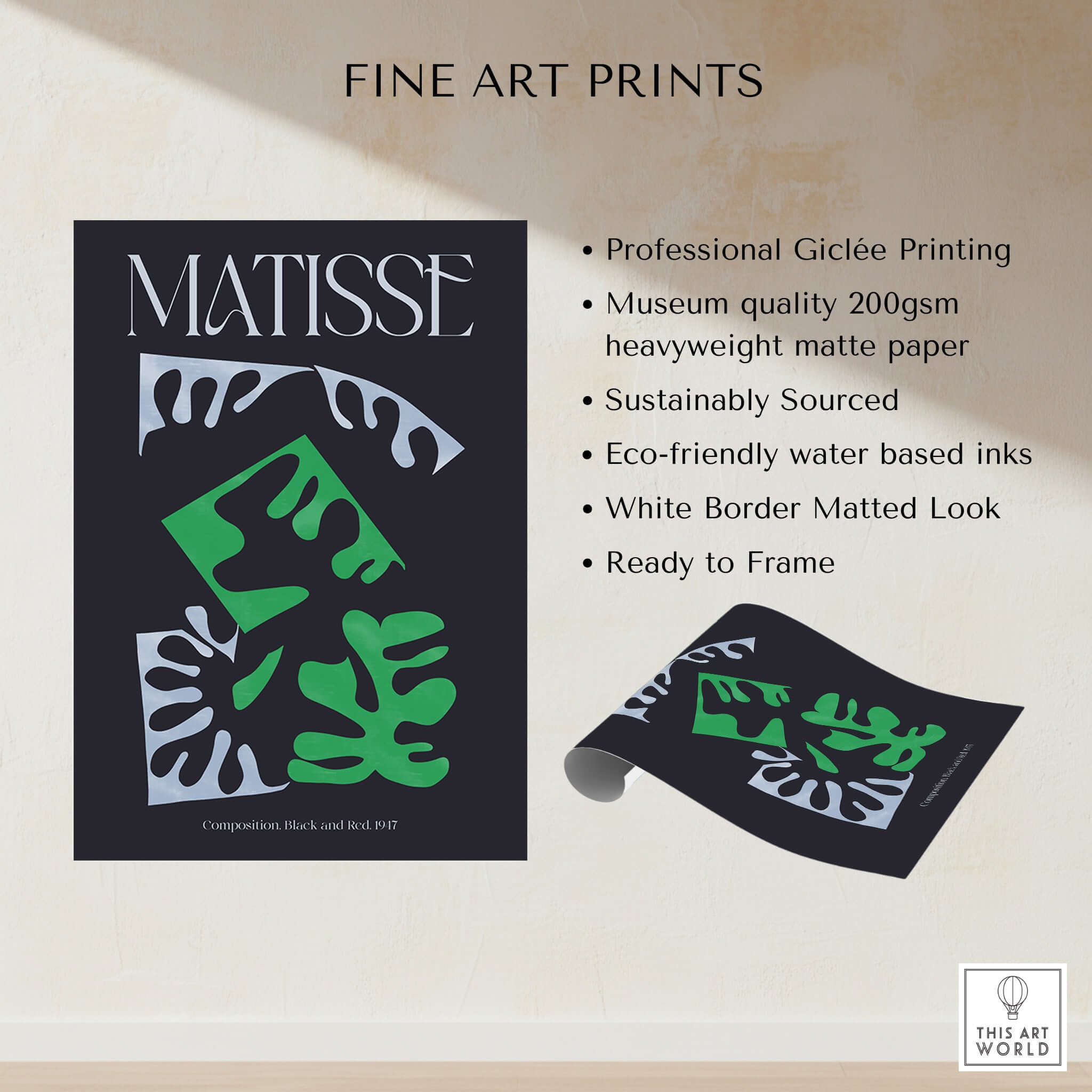 Matisse Art Print Composition Black Green White Abstract Poster 1947 showcasing professional quality and eco-friendly materials.