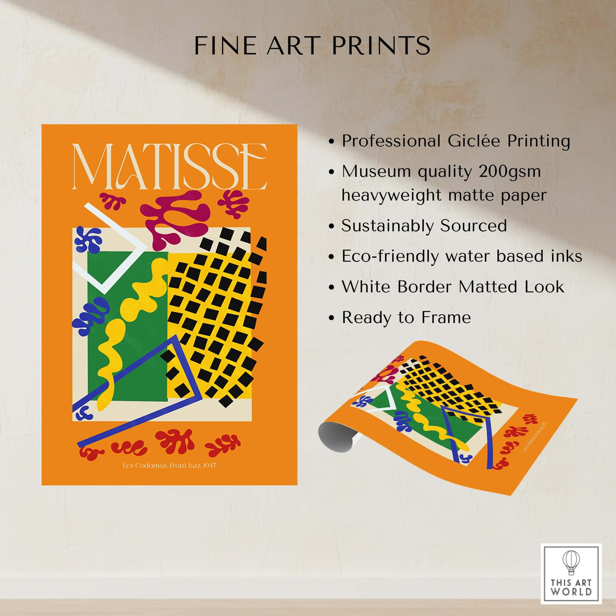 Matisse Art Print - Les Codomas Jazz 1947 Abstract Cut Out Art Poster displayed on fine art print backdrop.