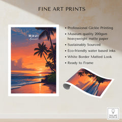 Maui Hawaii Wall Art Print | Tropical Beach Sunset Travel Poster showcasing vibrant sunset over palm trees on beach.