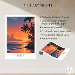 Maui Hawaii Poster | Vibrant Island Coastline Scene Canvas Print showcasing a stunning tropical sunset with palm trees.