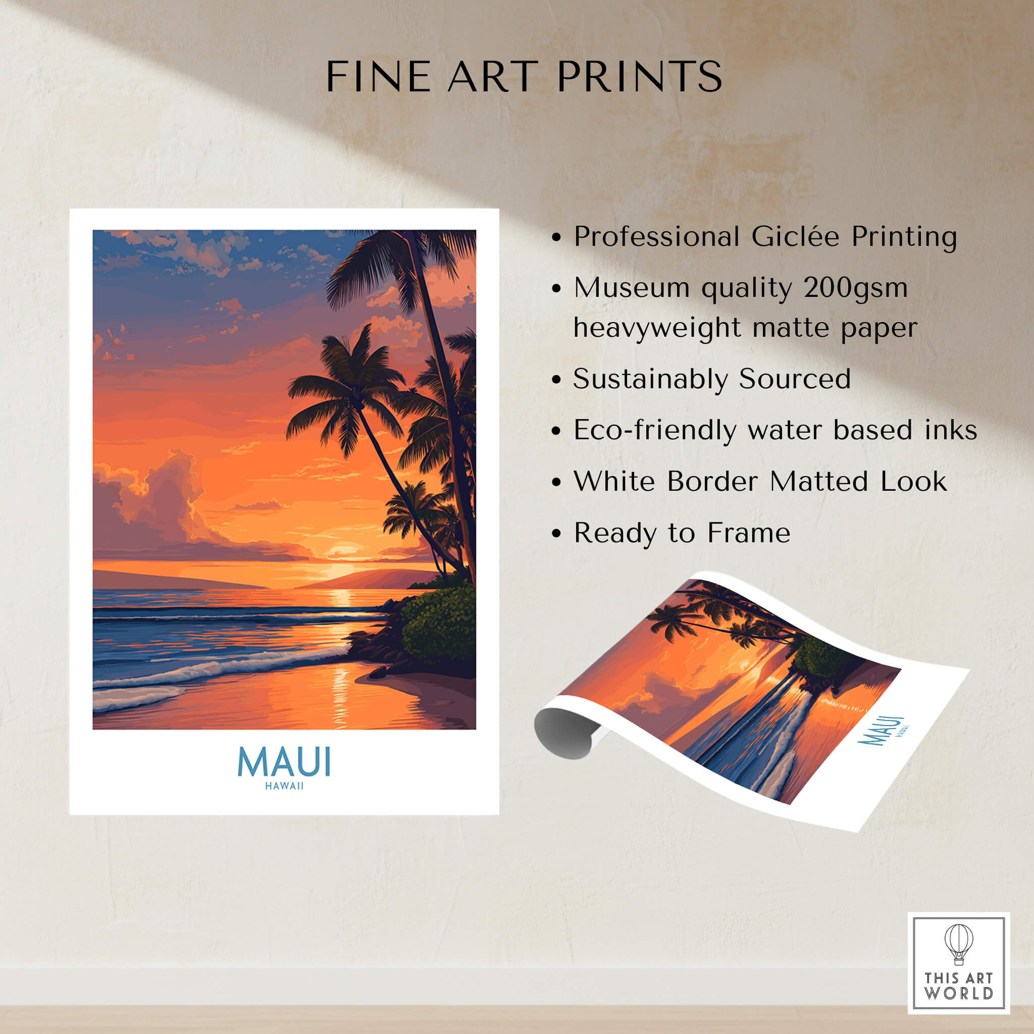 Maui Hawaii Poster | Vibrant Island Coastline Scene Canvas Print showcasing a stunning tropical sunset with palm trees.