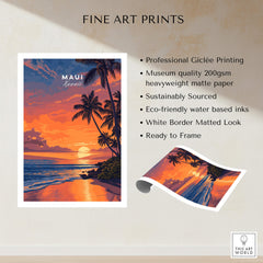 Maui Hawaii Travel Poster | Golden Hour Ocean Sunset Wall Art Print showcasing stunning sunset over palm trees.