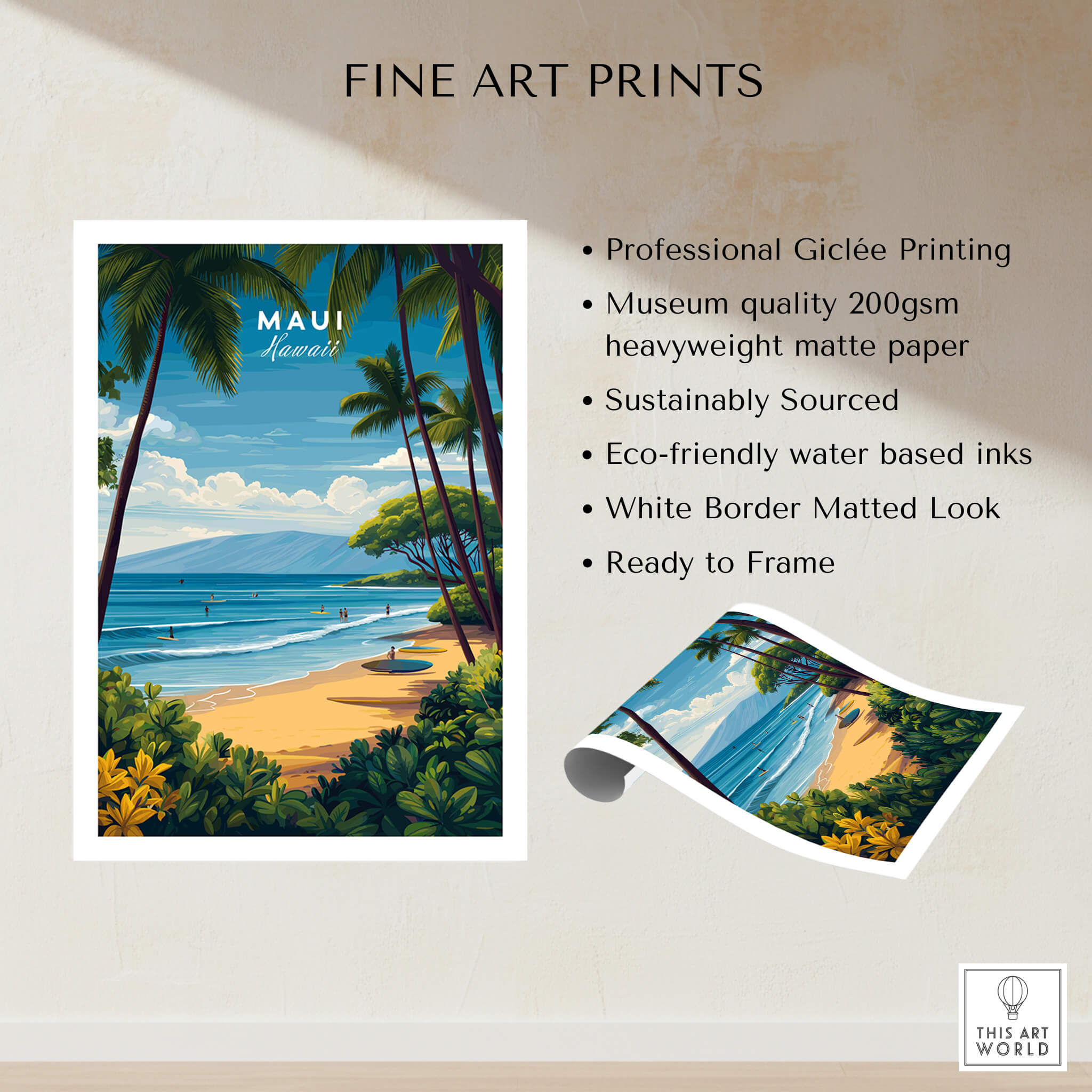 Maui Hawaii Travel Poster | Sunny Surfing Beach Wall Art Print featuring vibrant colors and tropical scenery.